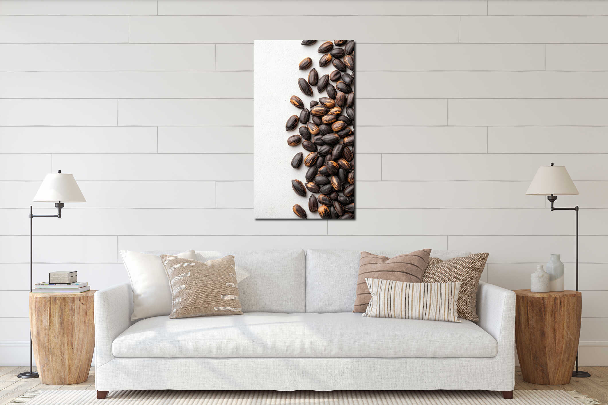 Pile of Black and Tan Seeds on White Surface for Gardening Activity Top Down Close View interior mockup