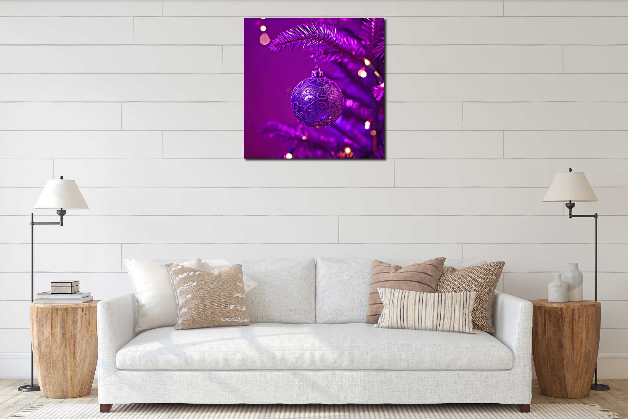 Glittering Purple Bauble on Vibrant Christmas Tree with Warm Fairy Lights, Festive Holiday Decor interior mockup
