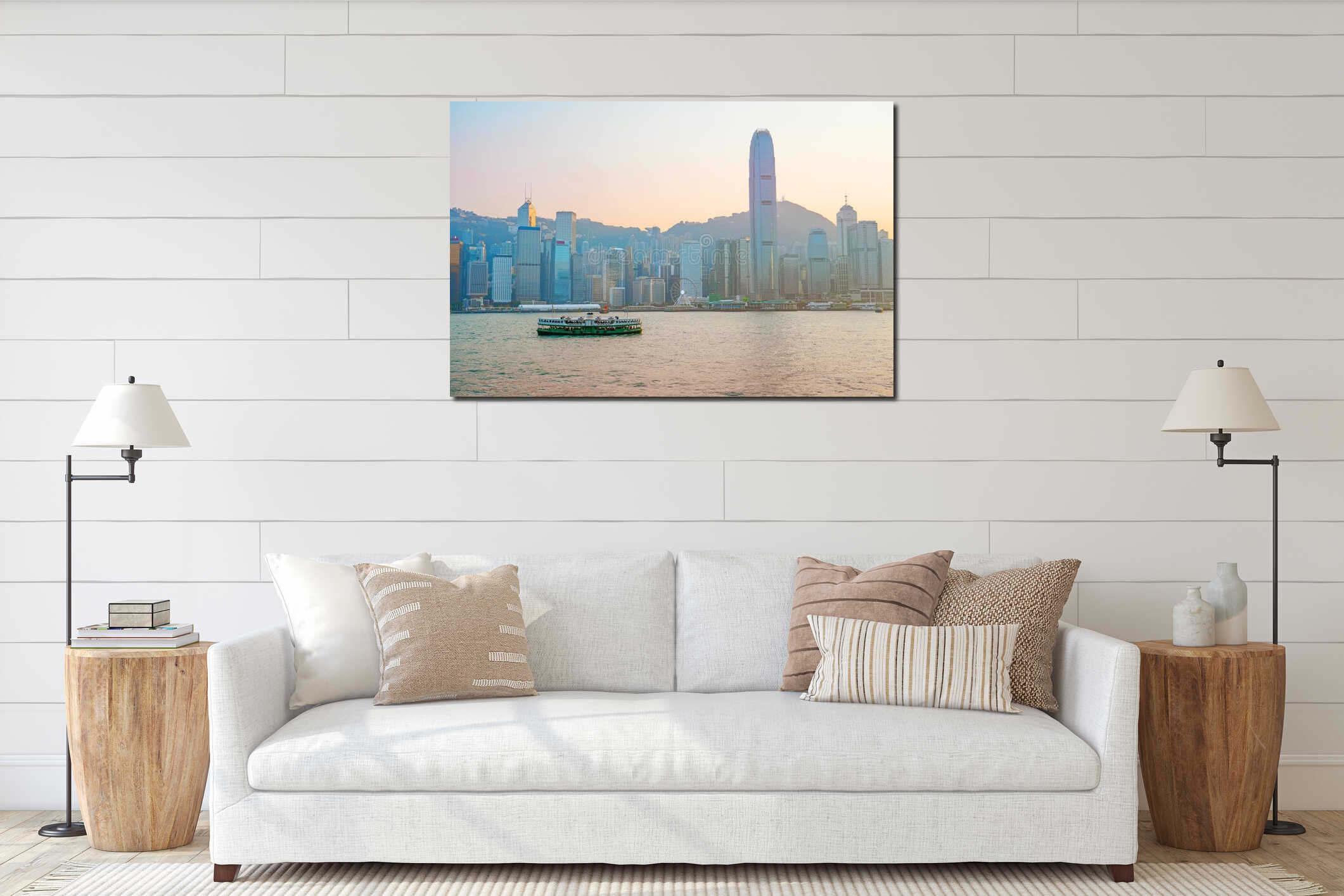 Classic green ferry at the pier on the route sails evening sunset view of tall glass skyscrapers in the financial district interior mockup