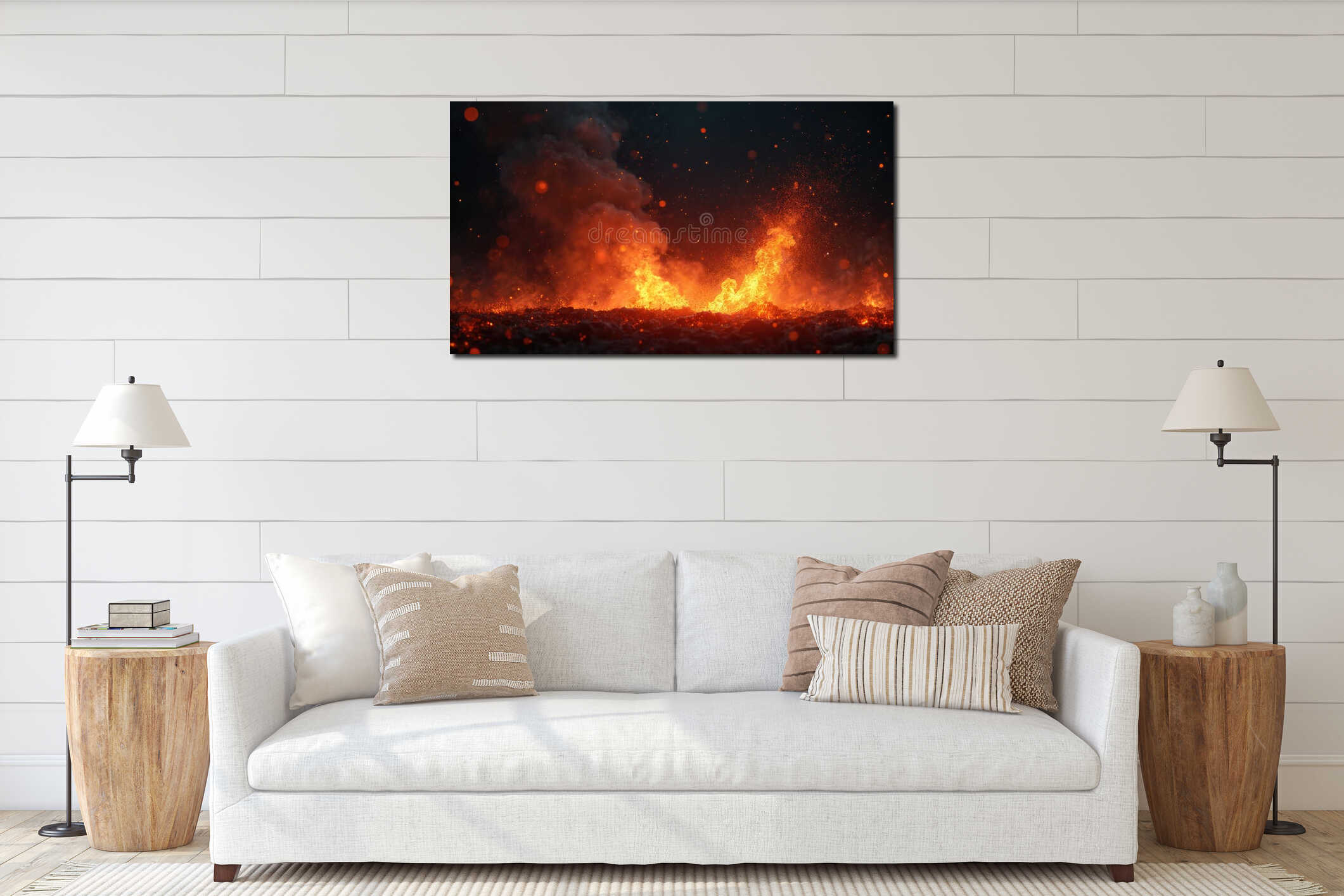Burning red fire illustration night sky. Flying hot sparks, embers. Flames, energy, heat, black, bright, orange, red, yellow interior mockup