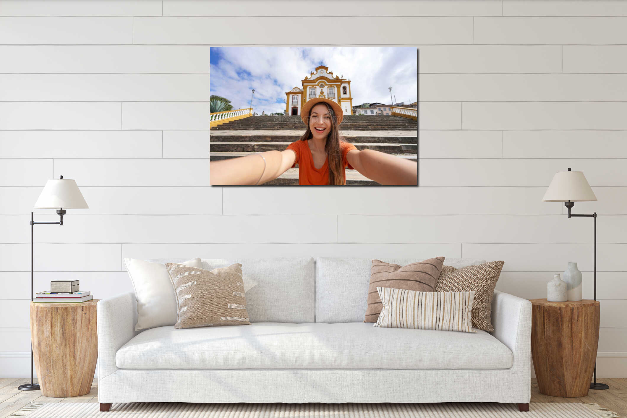 Self portrait of traveler woman in Sao Joao del Rei, Minas Gerais, Brazil interior mockup