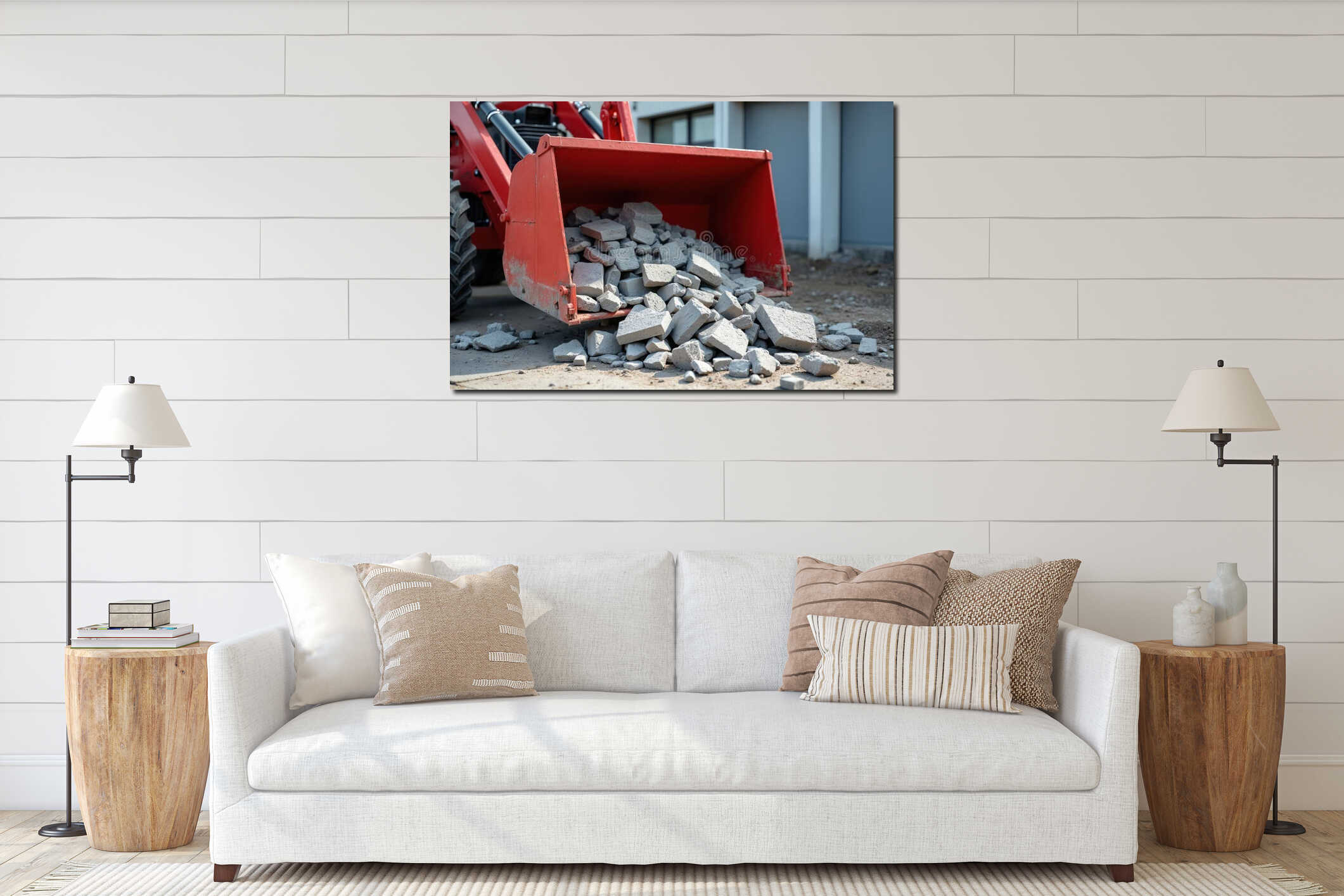 Red tractor bucket filled with concrete debris, paving slabs. Construction site, dismantling street pavement. Industrial interior mockup