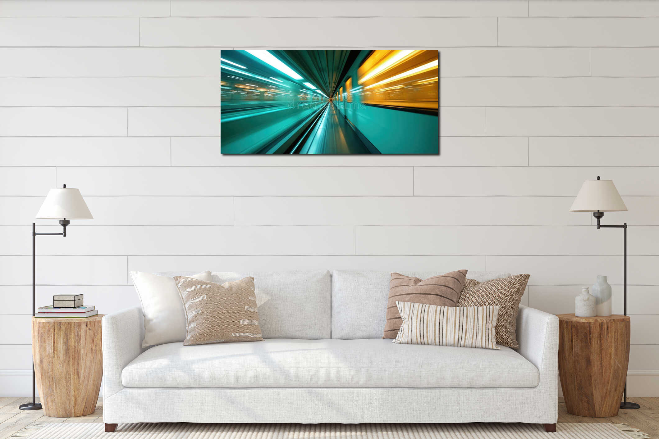 High-speed train moving, blurred abstract futuristic view. Urban public transportation in Tokyo Japan. Modern electric monorail interior mockup