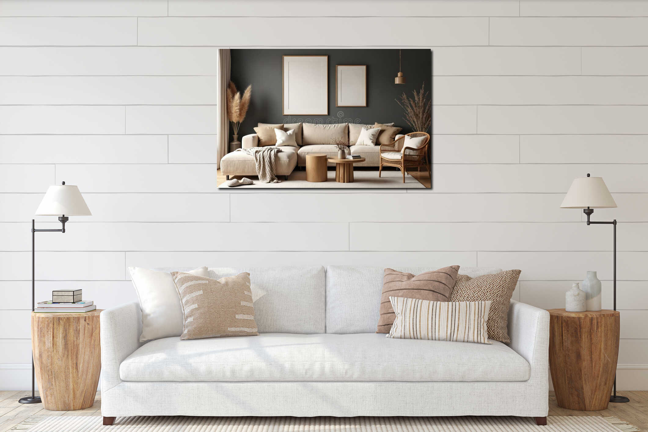 Elegant interior living room design with mock up poster frame above beige modular sofa. Wooden coffee table, rattan armchair, interior mockup