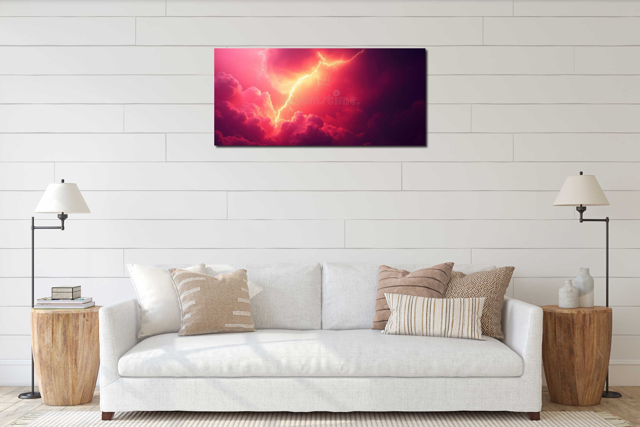 Dramatic lightning strike illuminating vibrant pink and purple storm clouds interior mockup
