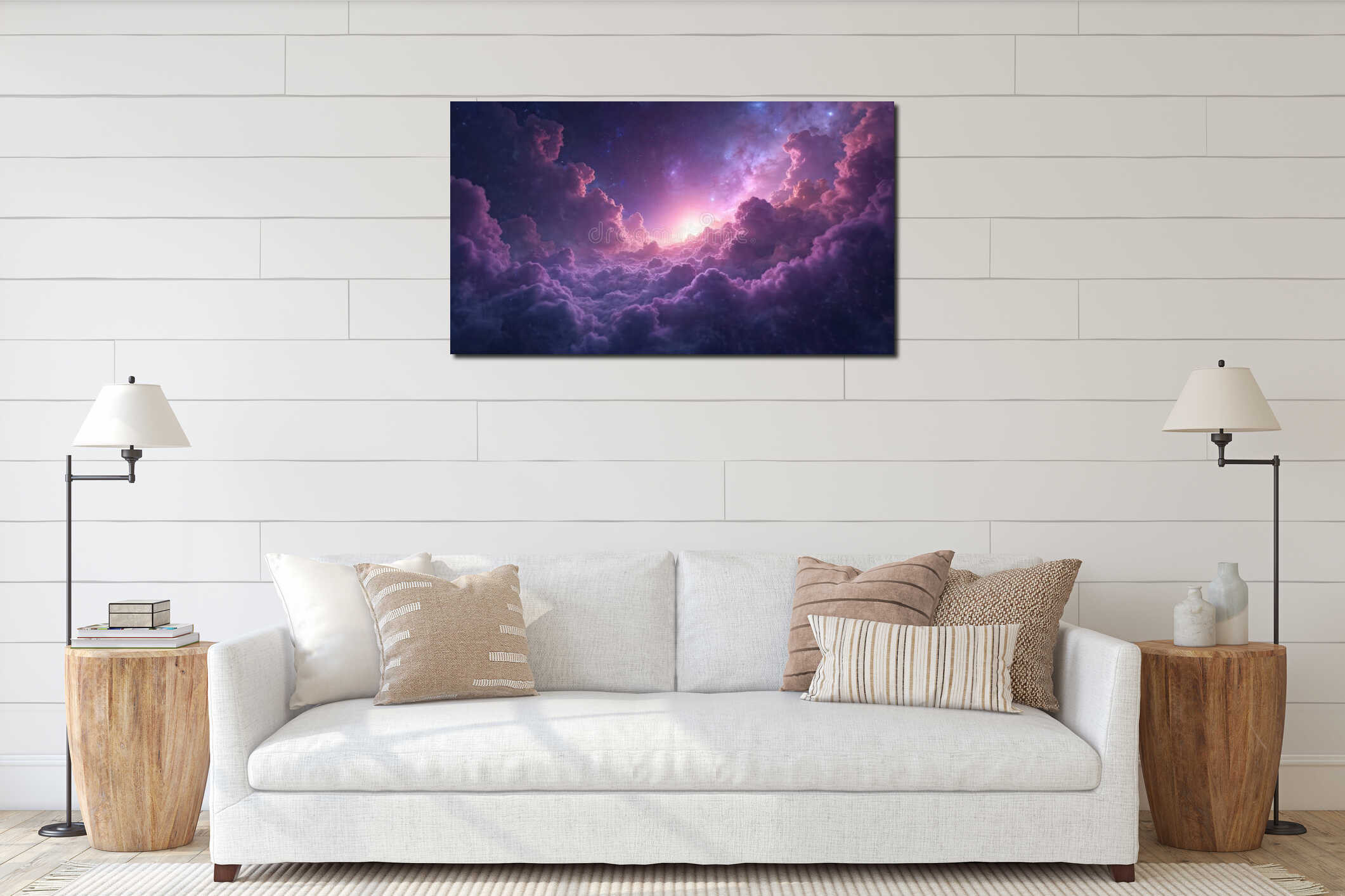 Vivid space galaxy background with nebula clouds distant stars. Purple and blue tones create beautiful celestial illustration. interior mockup