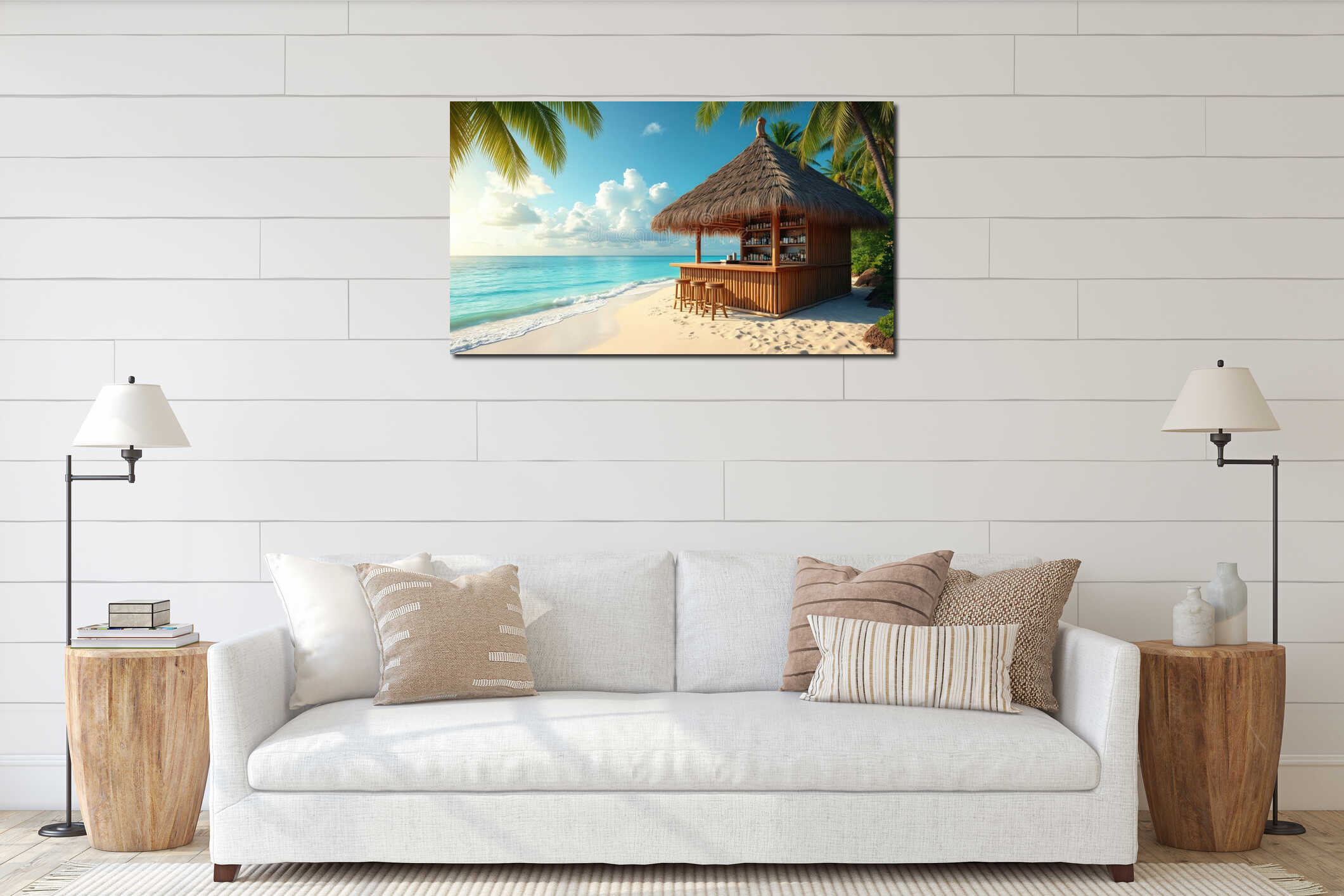 Tropical beach bar, wooden tiki hut. Seaside vacation paradise, sea view, relax. Palm trees, blue ocean water, white sand. Sunset interior mockup