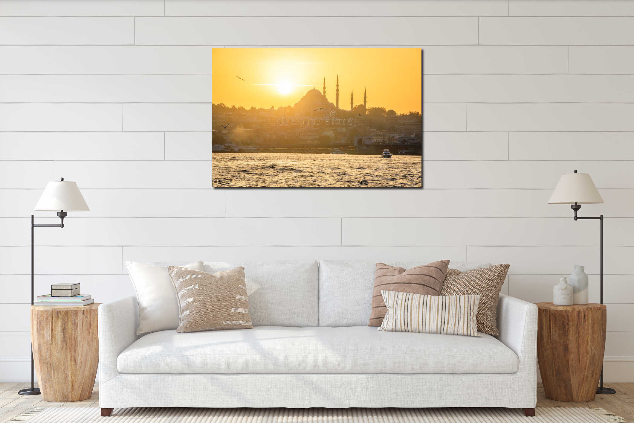 Sunset over Bosphorus with Yeni Cami and Suleymaniye Mosques, Istanbul, Turkey interior mockup
