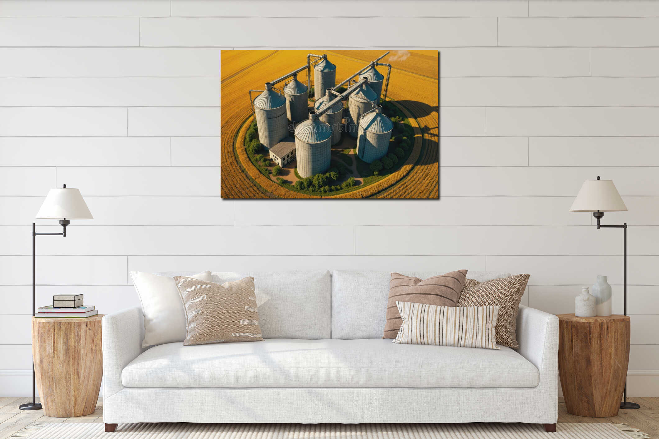 Aerial view of large grain silos with augers and pipes in a golden field interior mockup