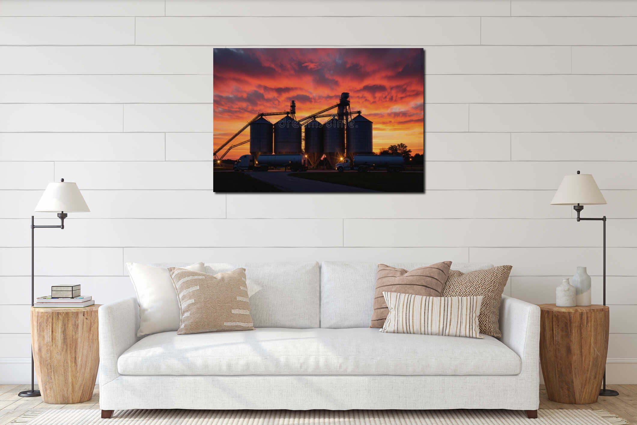 Grain silos with augers filling transport trucks at sunset interior mockup