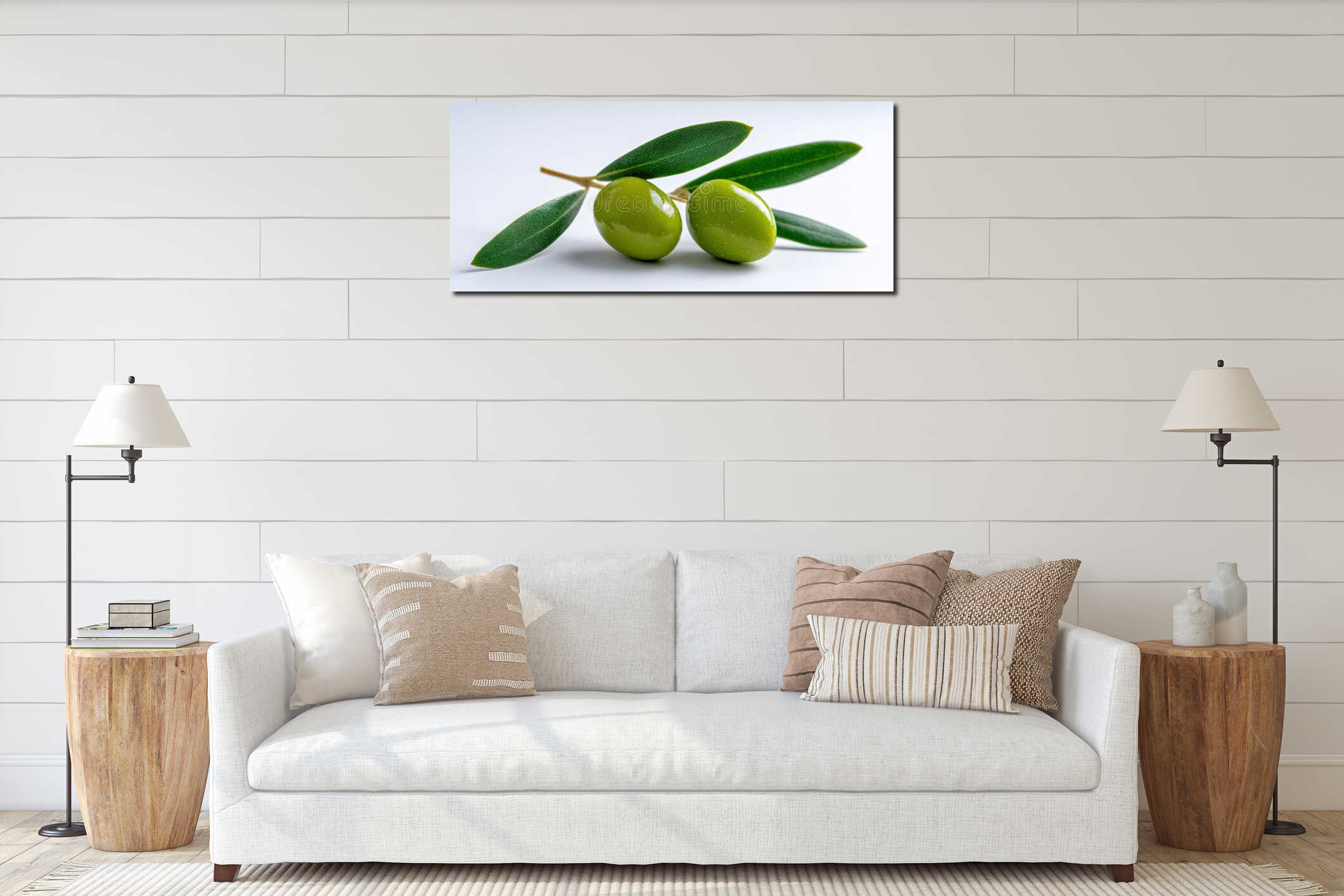 The vibrant green olives and leaves arranged elegantly on a white background. AI generated image interior mockup
