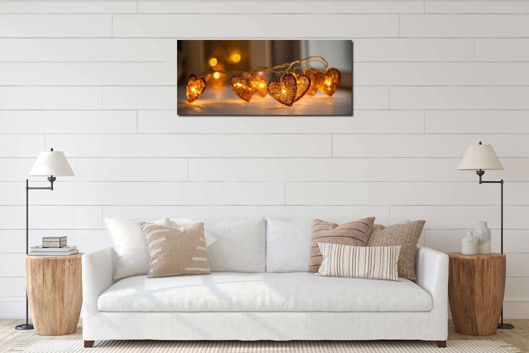The glowing heart-shaped lights creating a cozy and romantic atmosphere. AI generated image interior mockup