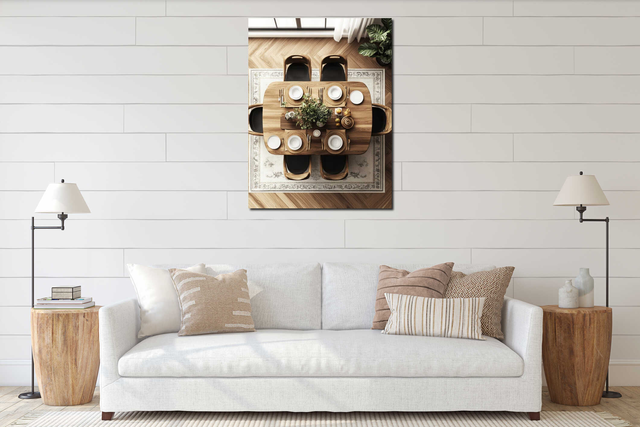 Modern Scandinavian Dining Room with Wooden Furniture interior mockup