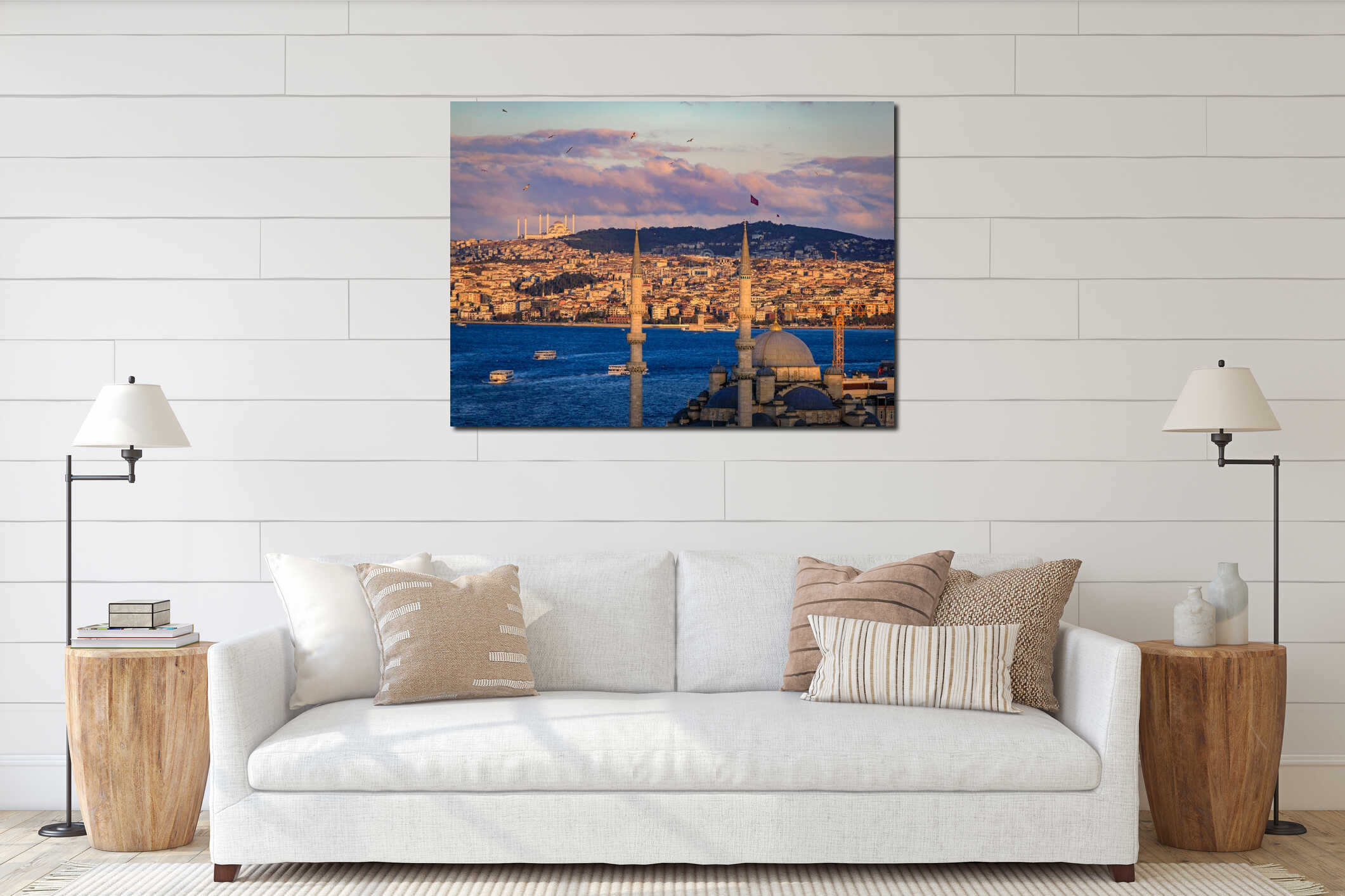 Golden sunset light illuminates Istanbul Bosphorus skyline with Yeni Mosque interior mockup
