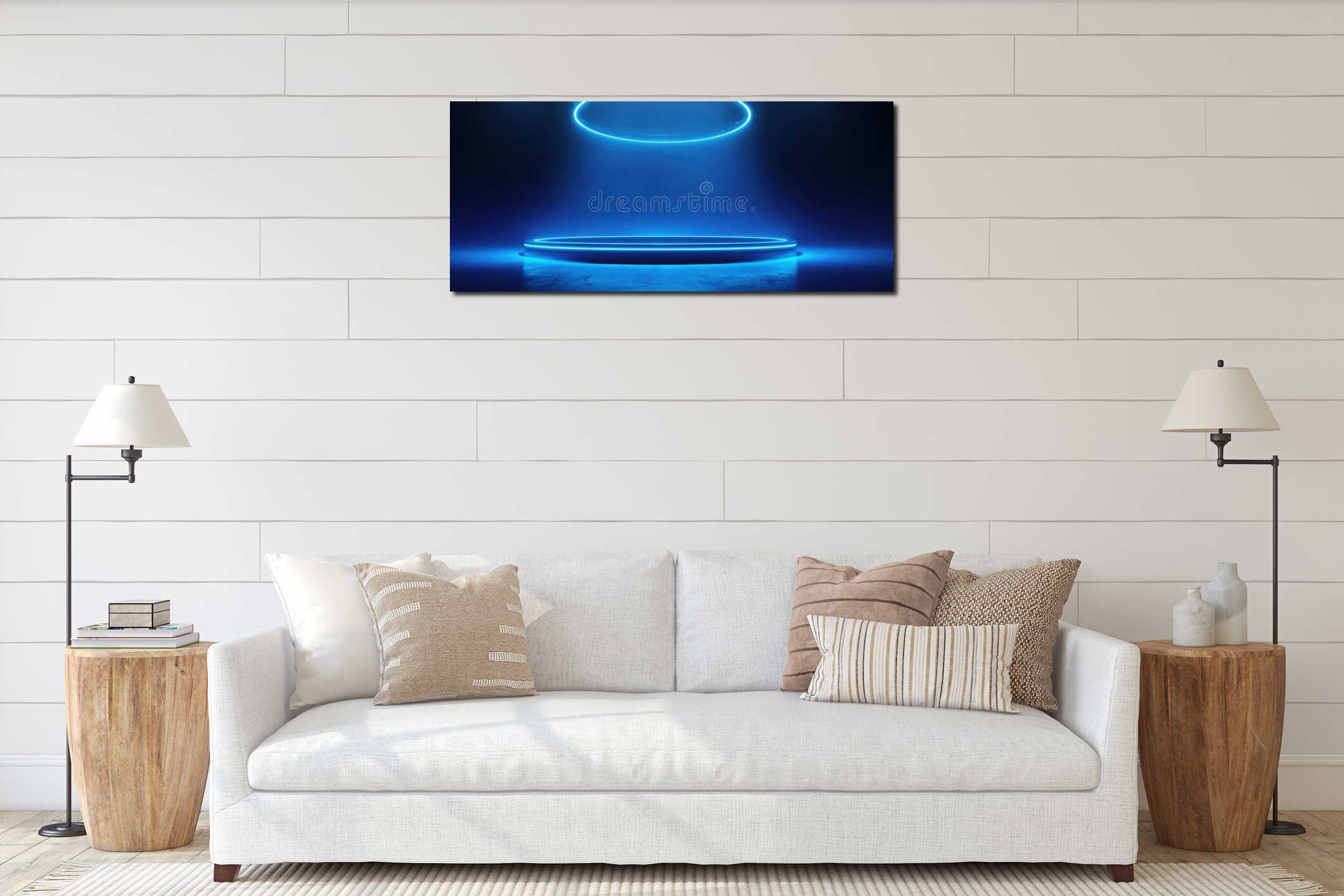 The futuristic blue illuminated stage for dynamic presentations and events AI generated image interior mockup