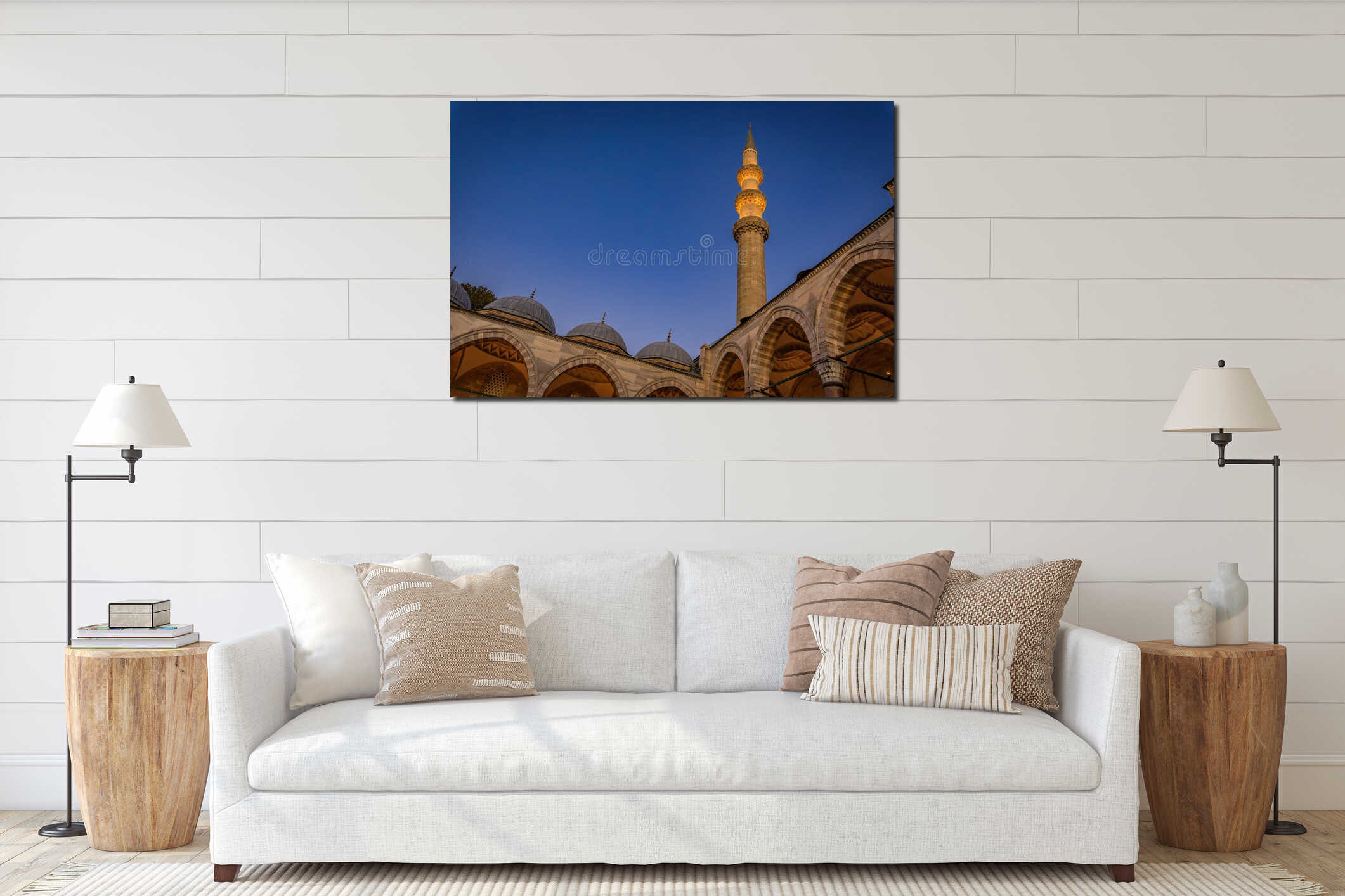 A towering minaret of the Suleymaniye Mosque in the courtyard, Istanbul, Turkey interior mockup