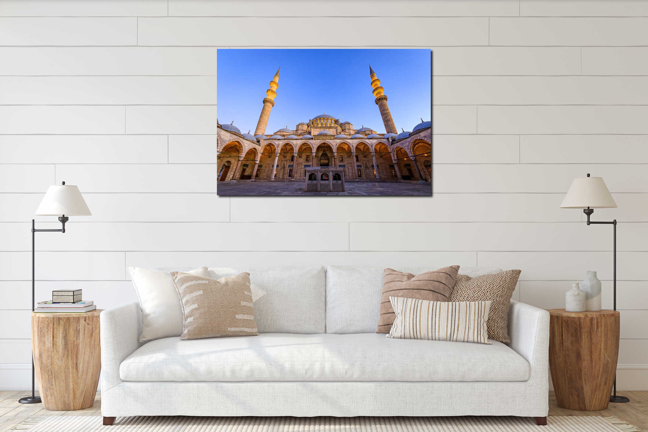 Grand dome and minarets of Suleymaniye Mosque in Istanbul, Turkey at sunset interior mockup