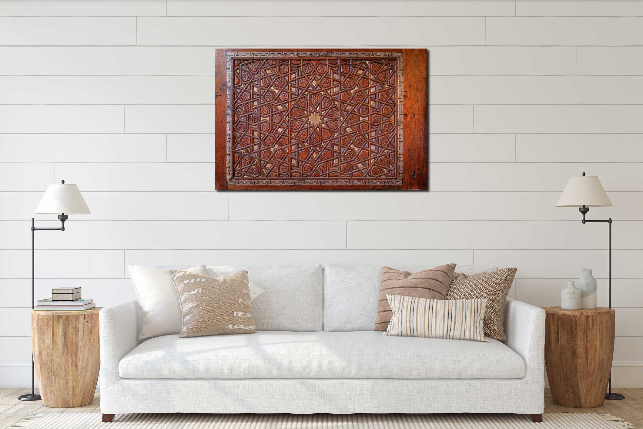 Ornate wooden door with Islamic geometric patterns, Suleymaniye Mosque, Istanbul interior mockup