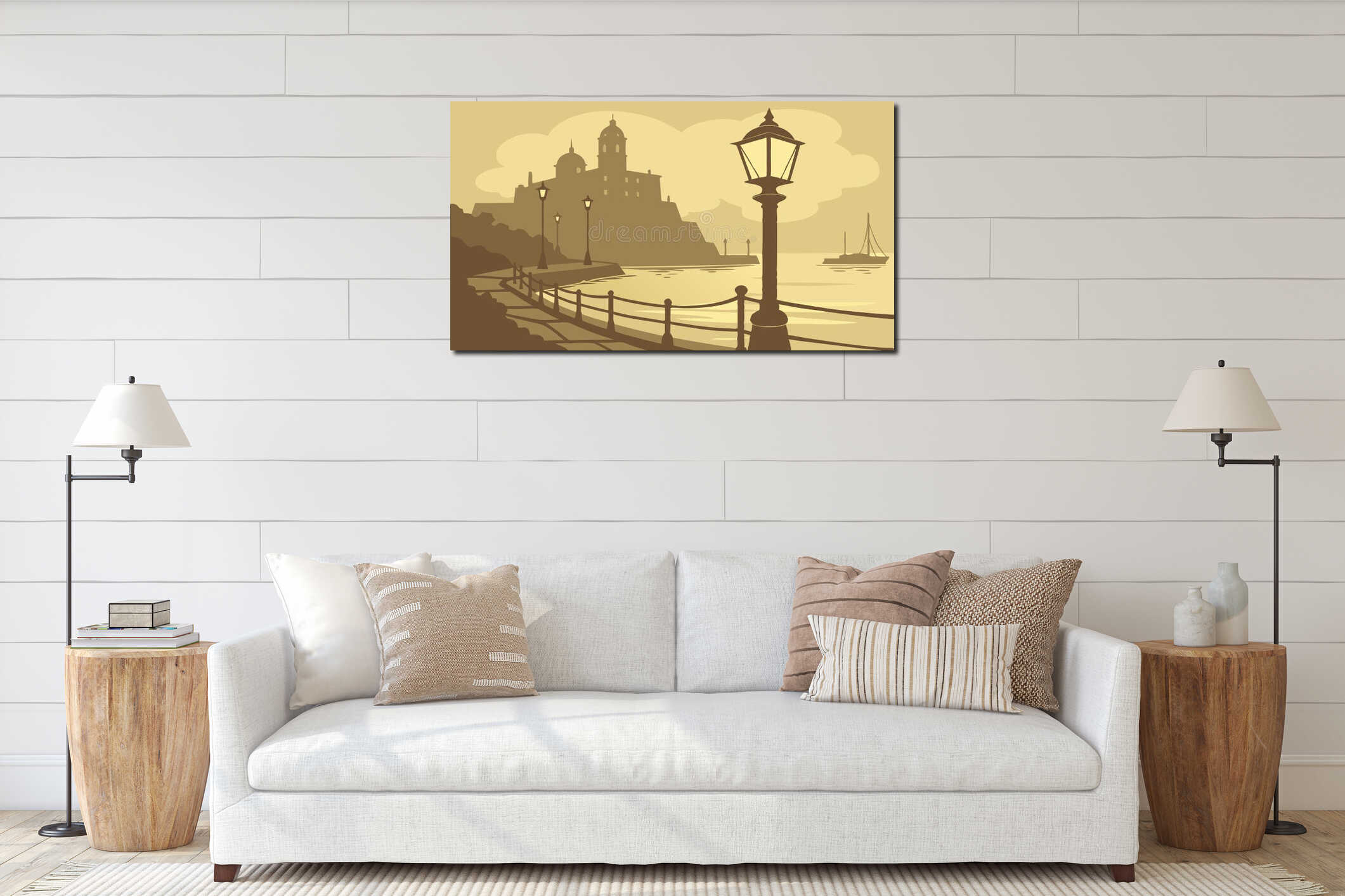 Street Lamp on a Promenade, Urban Evening Scene, vector design Generative AI interior mockup