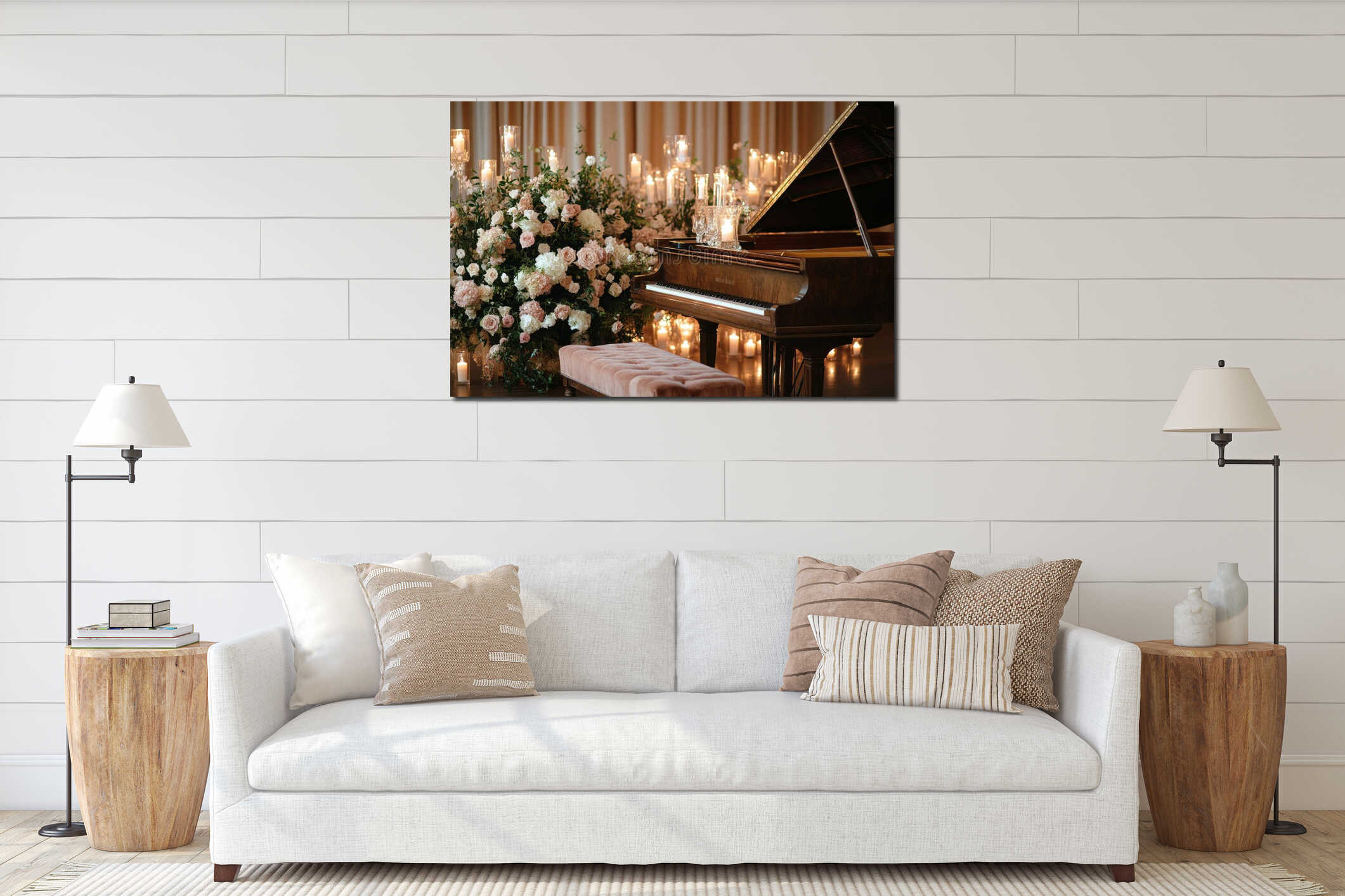 Json elegant vintage piano lounge corner with floral decor, candles, and plush velvet seating. interior mockup