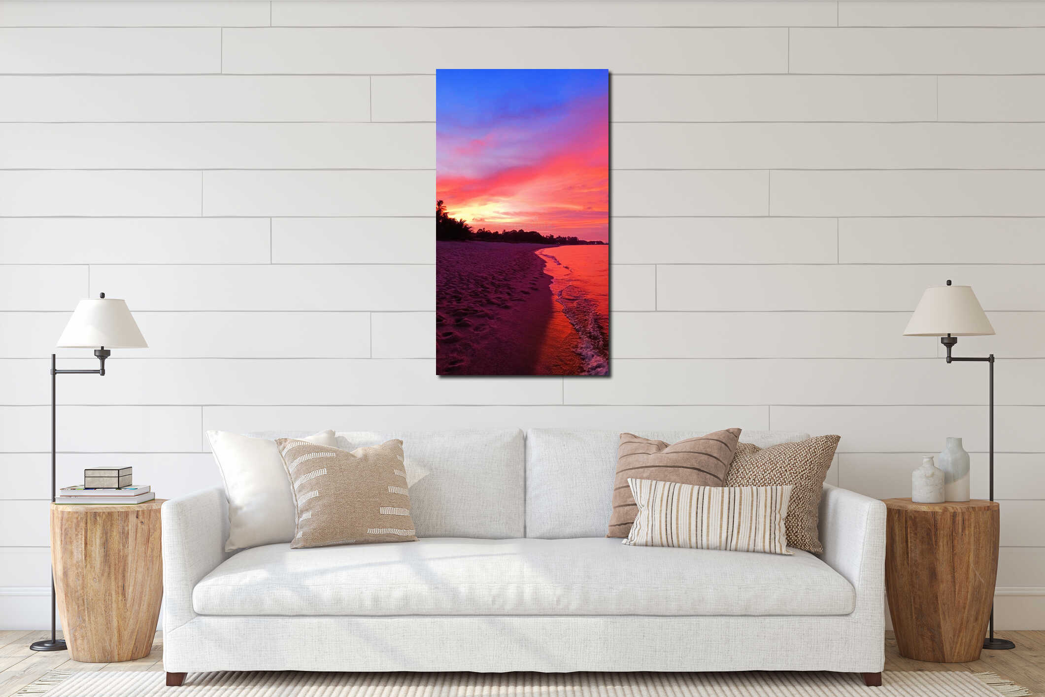 Sunset beach landscape, sea sunrise, ocean tropical island, red orange pink purple sky background, colorful clouds, palm trees interior mockup