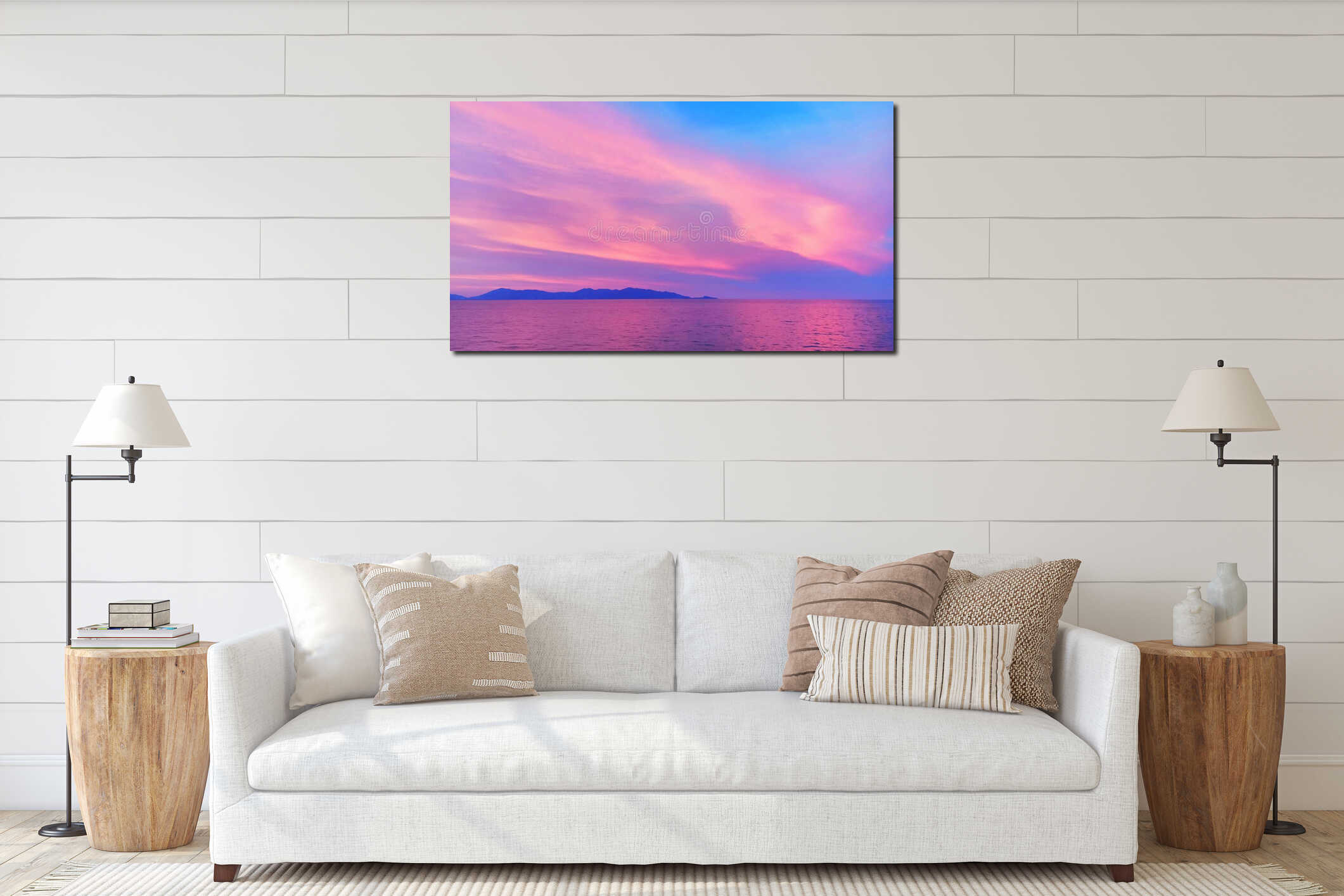 Sunset beach landscape, sea sunrise, ocean tropical island, red orange pink purple sky, colorful clouds, summer holidays, travel interior mockup