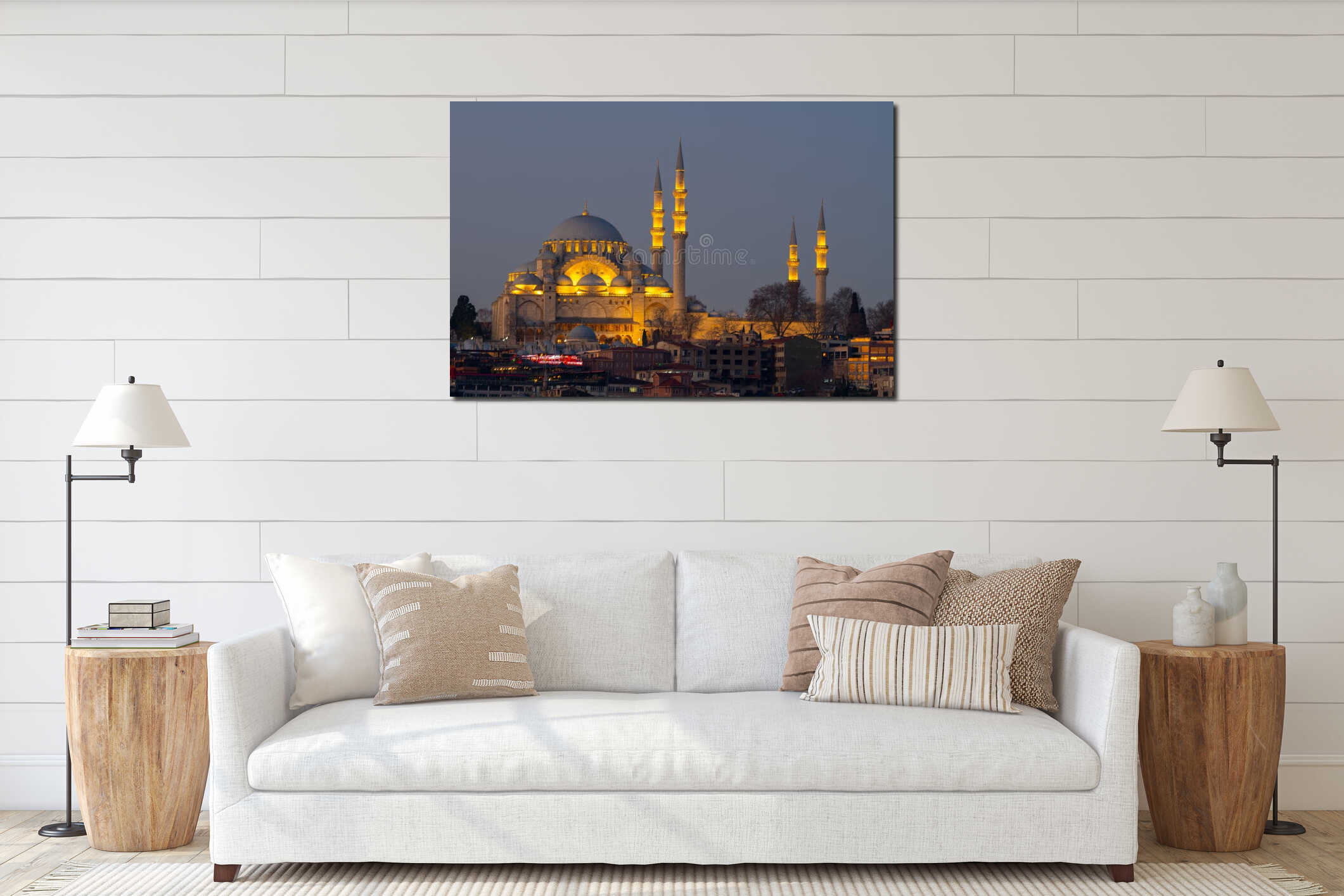 Sultan Suleymaniye Mosque at night. Istanbul cityscape interior mockup