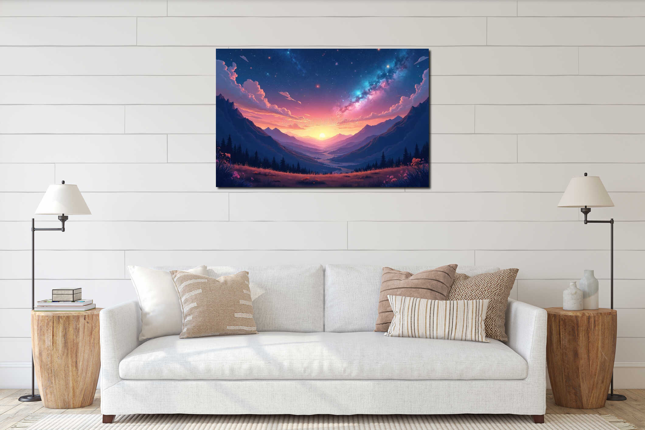 Illustration night sky filled with twinkling stars, galaxies, colorful nebulae above mountain landscape, valley, fields. Nature interior mockup