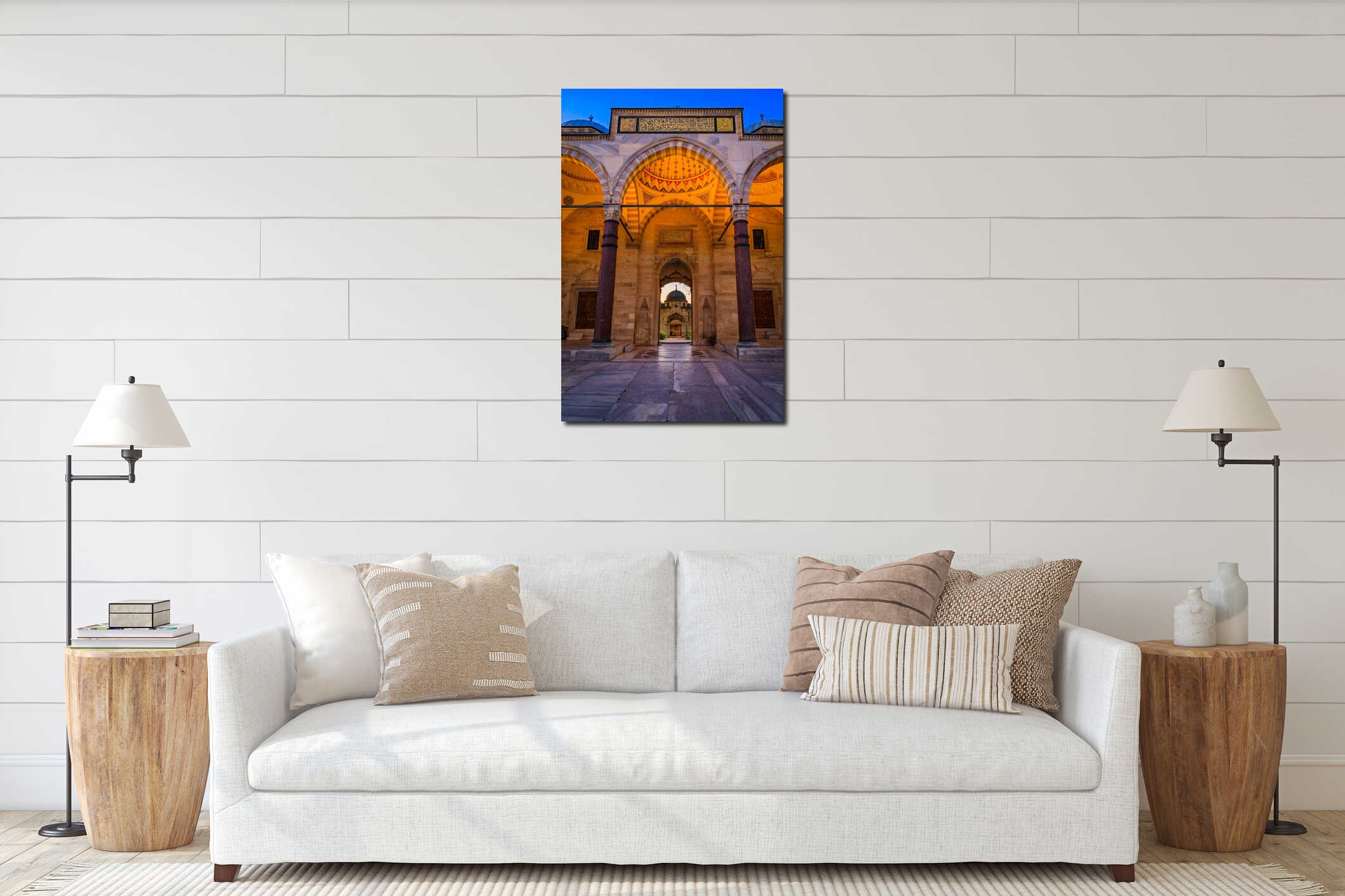 Suleymaniye Mosque courtyard leading to an inner dome at sunset, Istanbul Turkey interior mockup