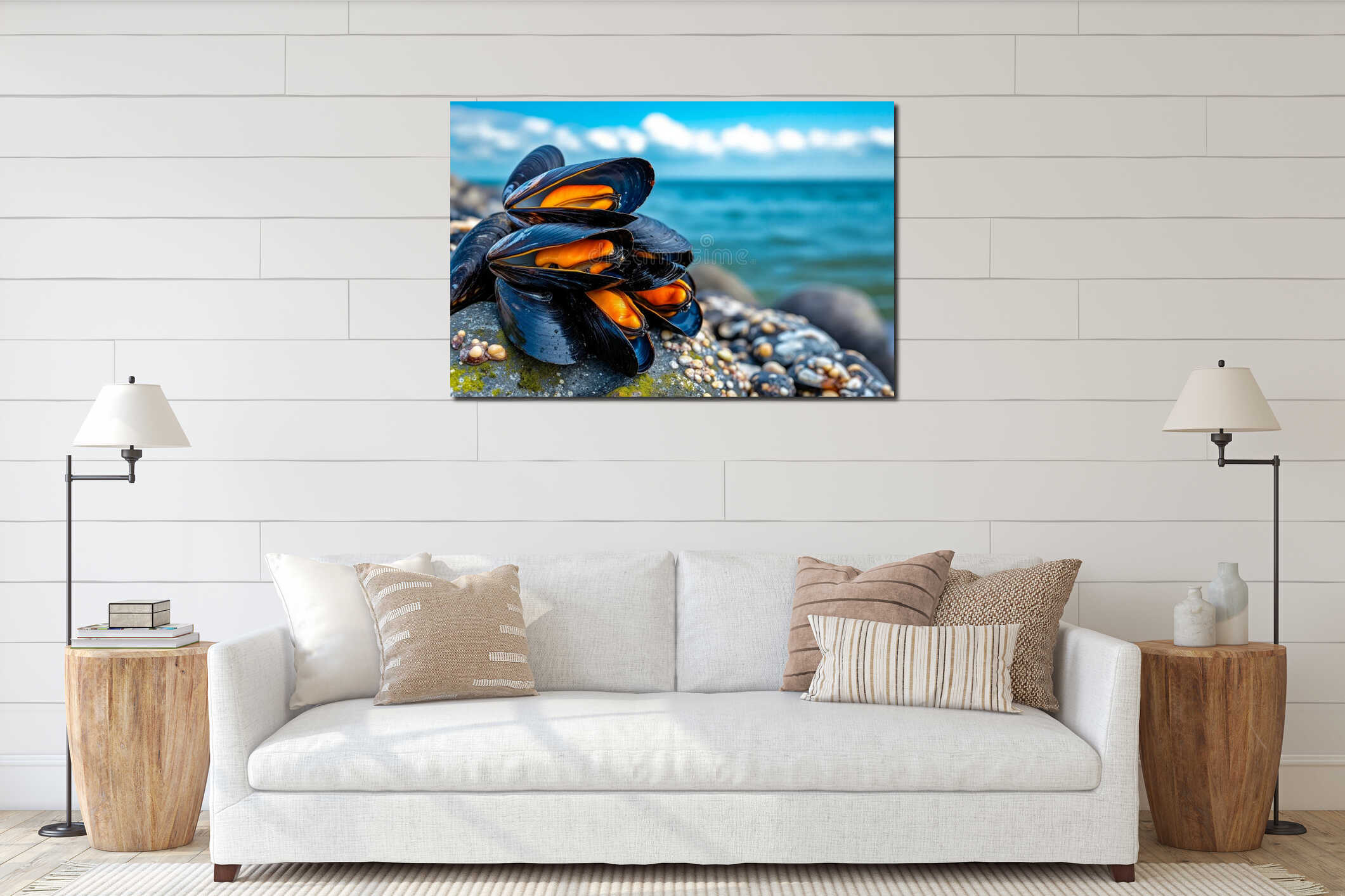 A bunch of mussels sitting on top of a rock by the ocean interior mockup