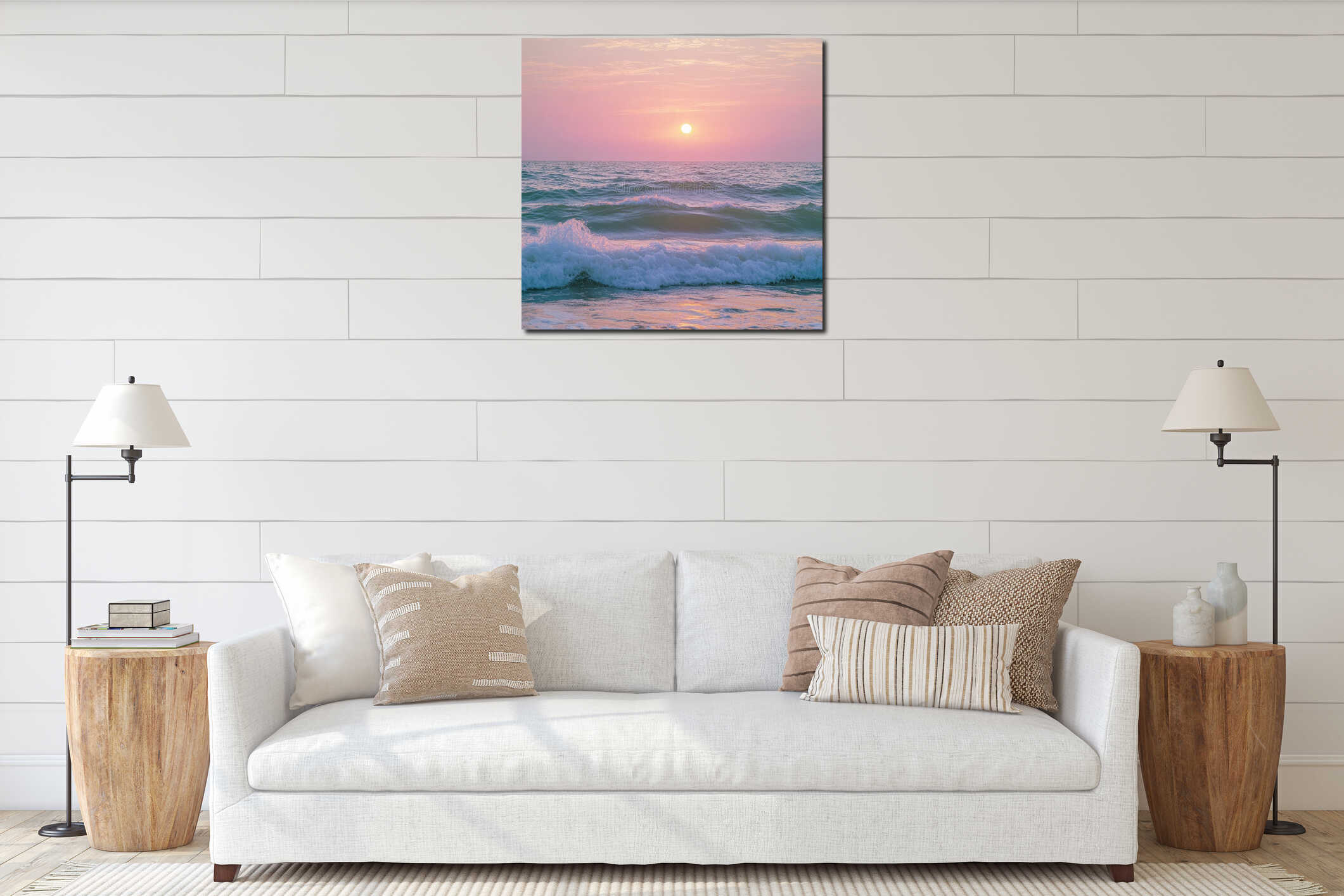 An idyllic beach, pink and purple sky, sunrise, vast ocean, distant islands, sandy beach, gentle waves crashing on shore interior mockup