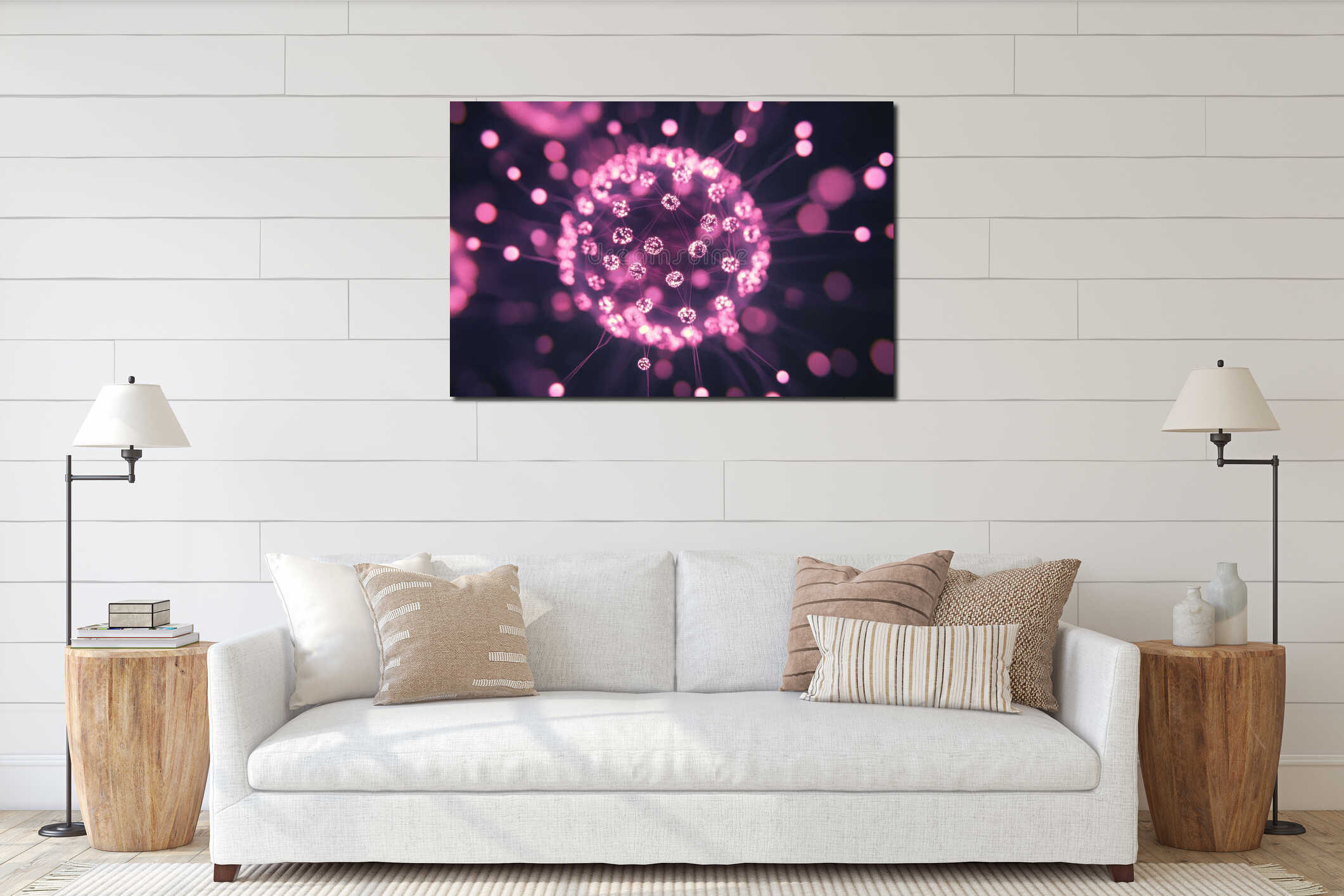 Futuristic Pink Neon Neural Network with Glowing Nodes in Dark Ambient. interior mockup