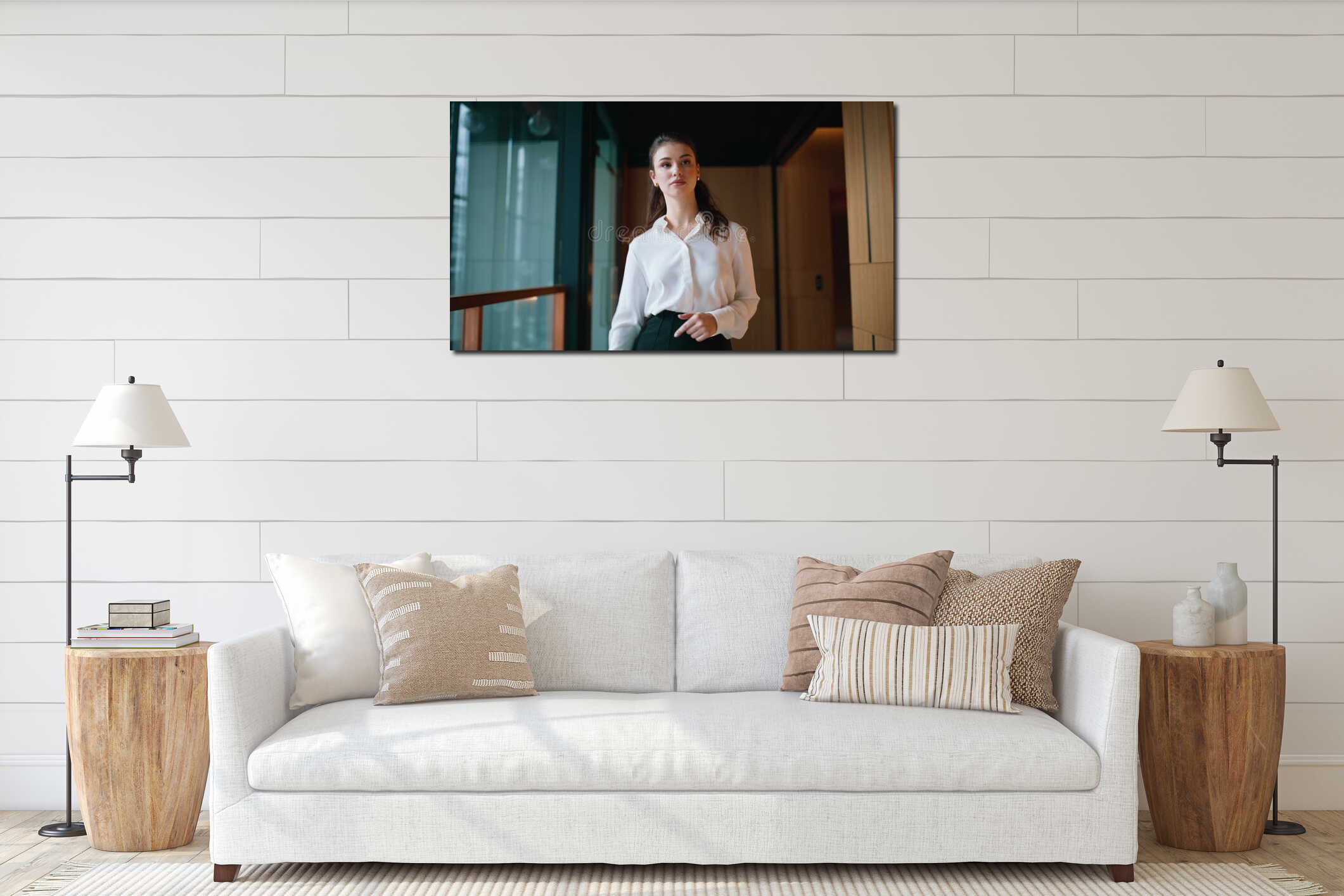 Luxurious lady watching smartphone reacting on win walking hallway closeup. interior mockup
