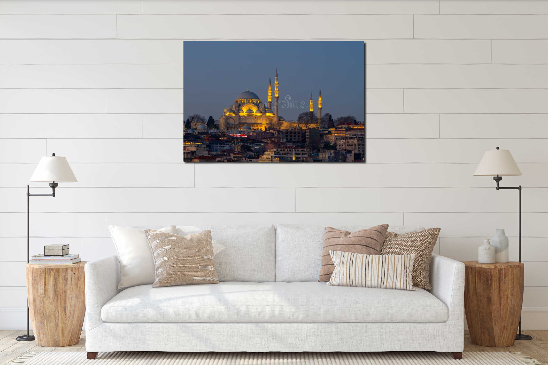 Sultan Suleymaniye Mosque at night. Istanbul cityscape interior mockup