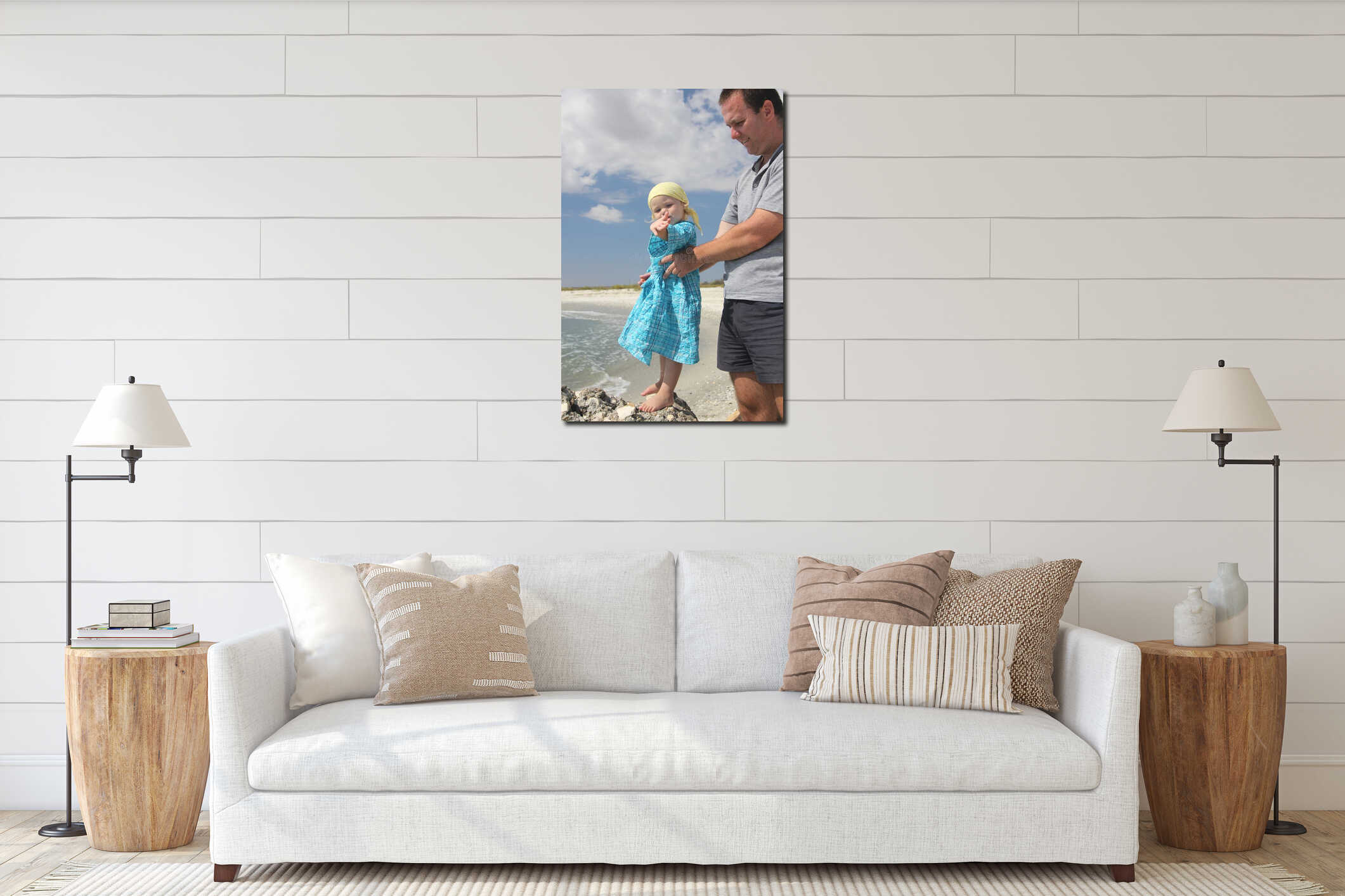 Toddler with father on the beach interior mockup
