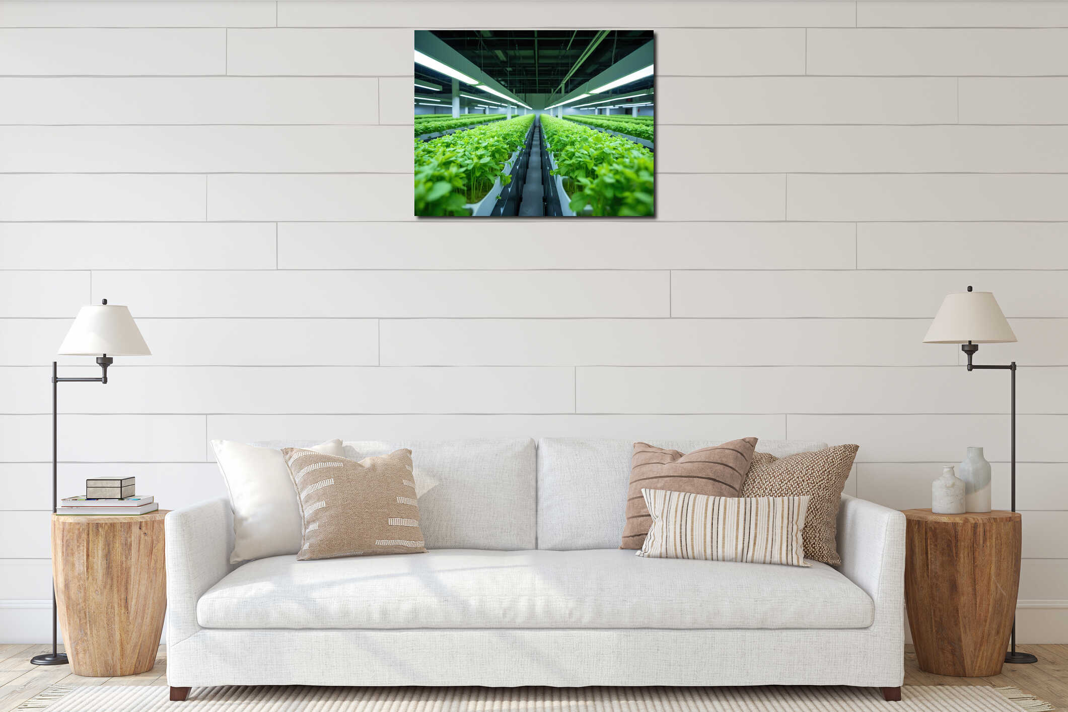Modern vertical farm setup featuring vibrant green plants. Indoor gardening under bright LED lights. Innovative agricultural interior mockup