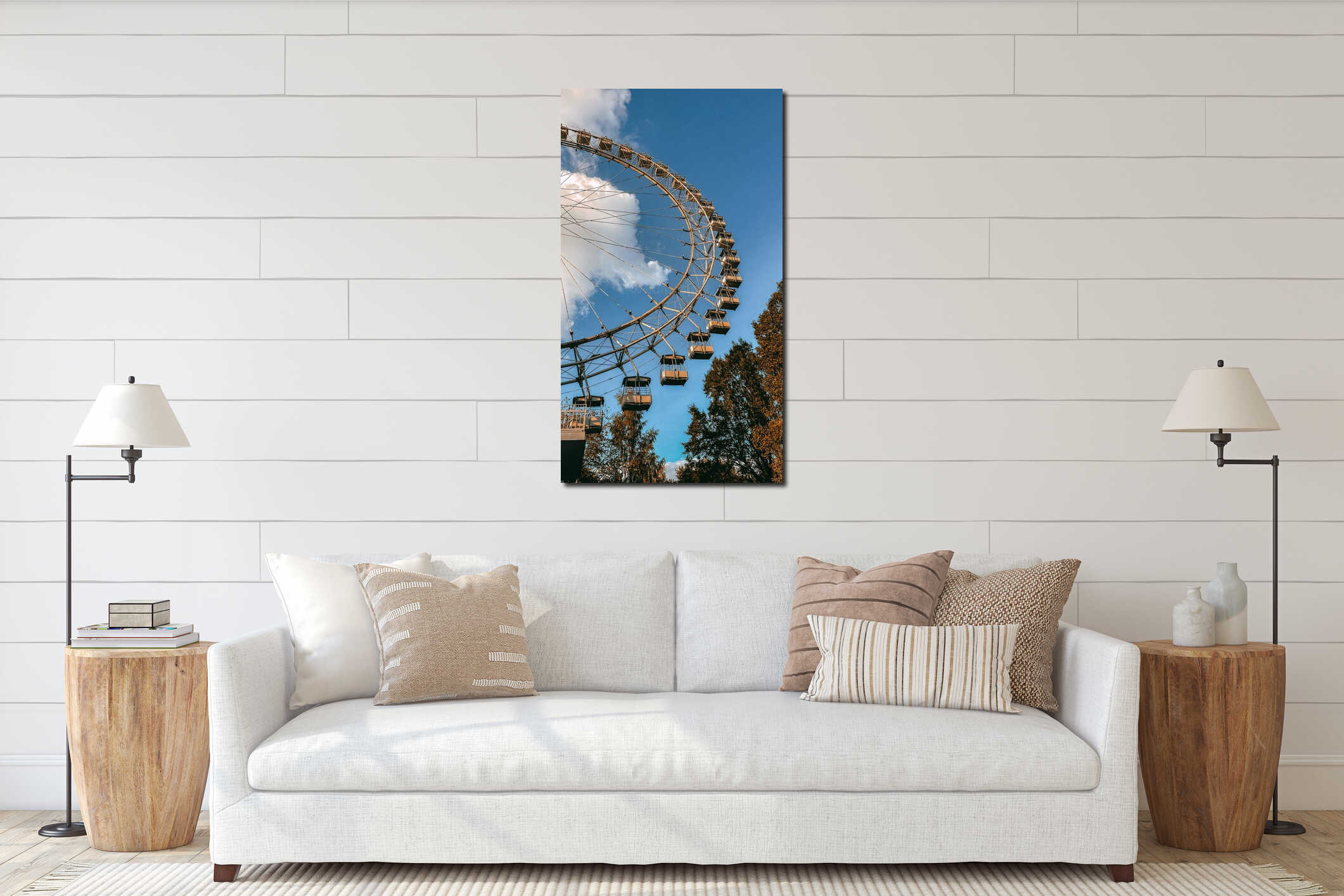 Low angle ferris wheel arc against clear blue sky and autumn tinted trees interior mockup