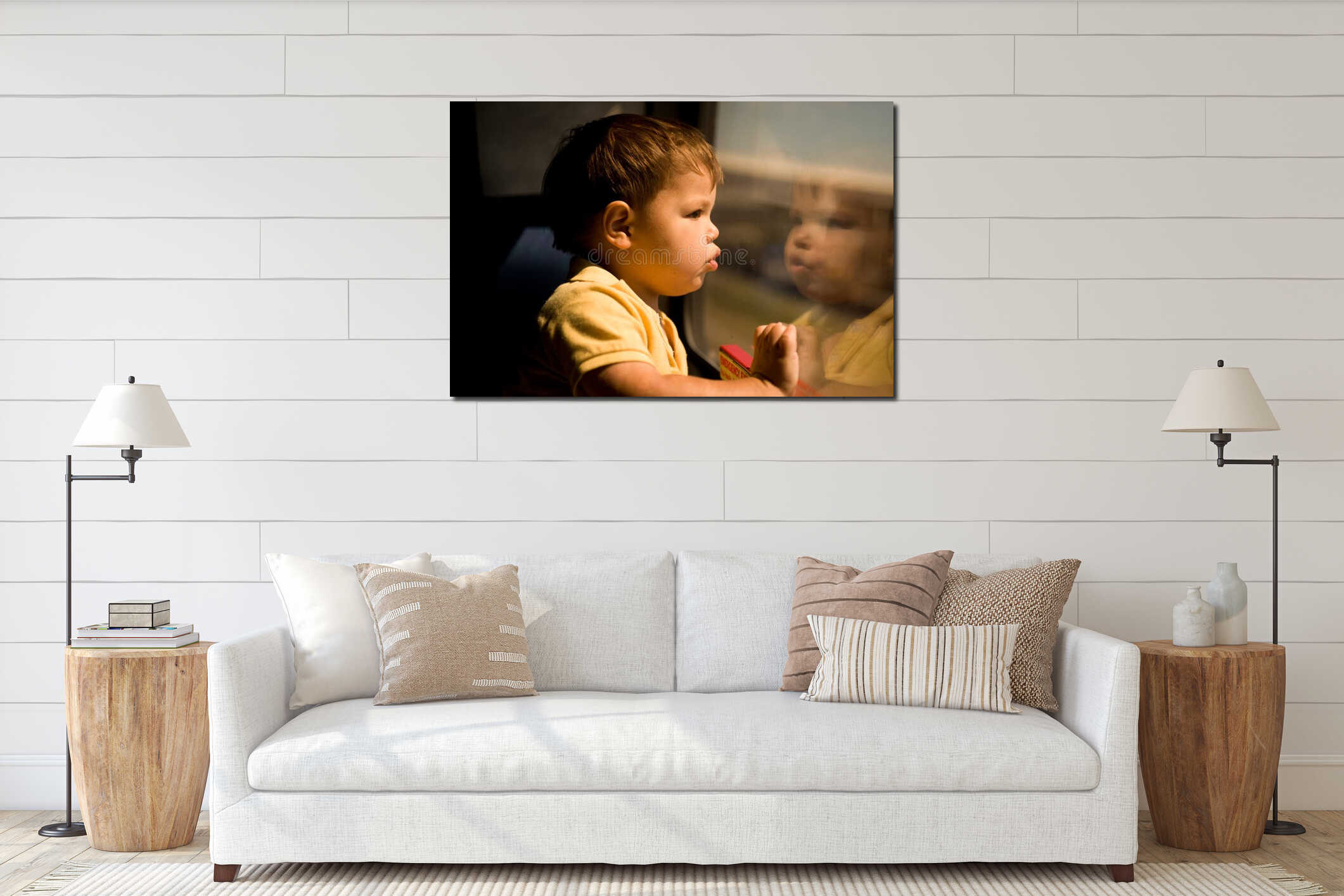 Adorable little boy on the train interior mockup