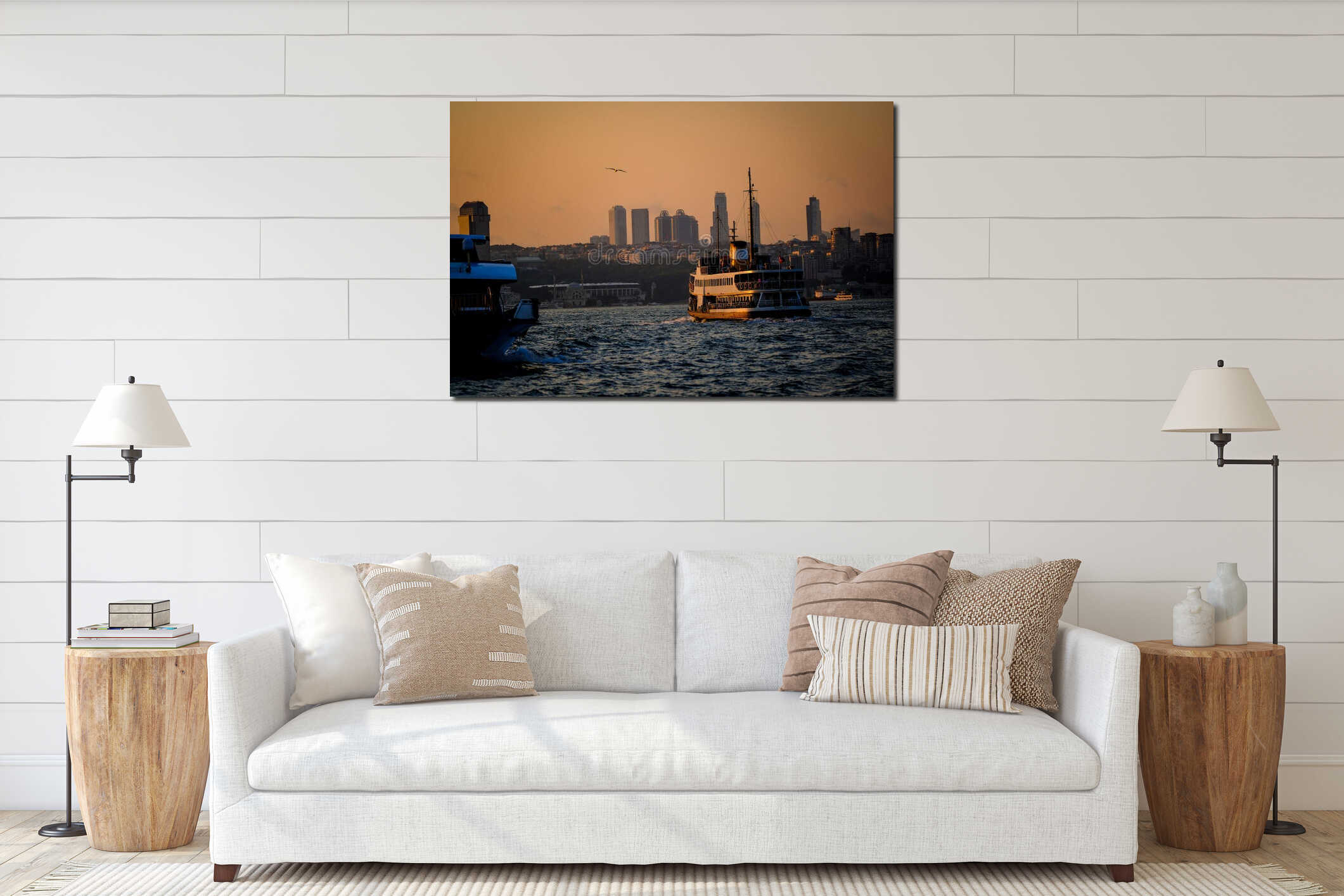 A classic ferry sails on the Bosphorus during sunset, reflecting golden hues interior mockup