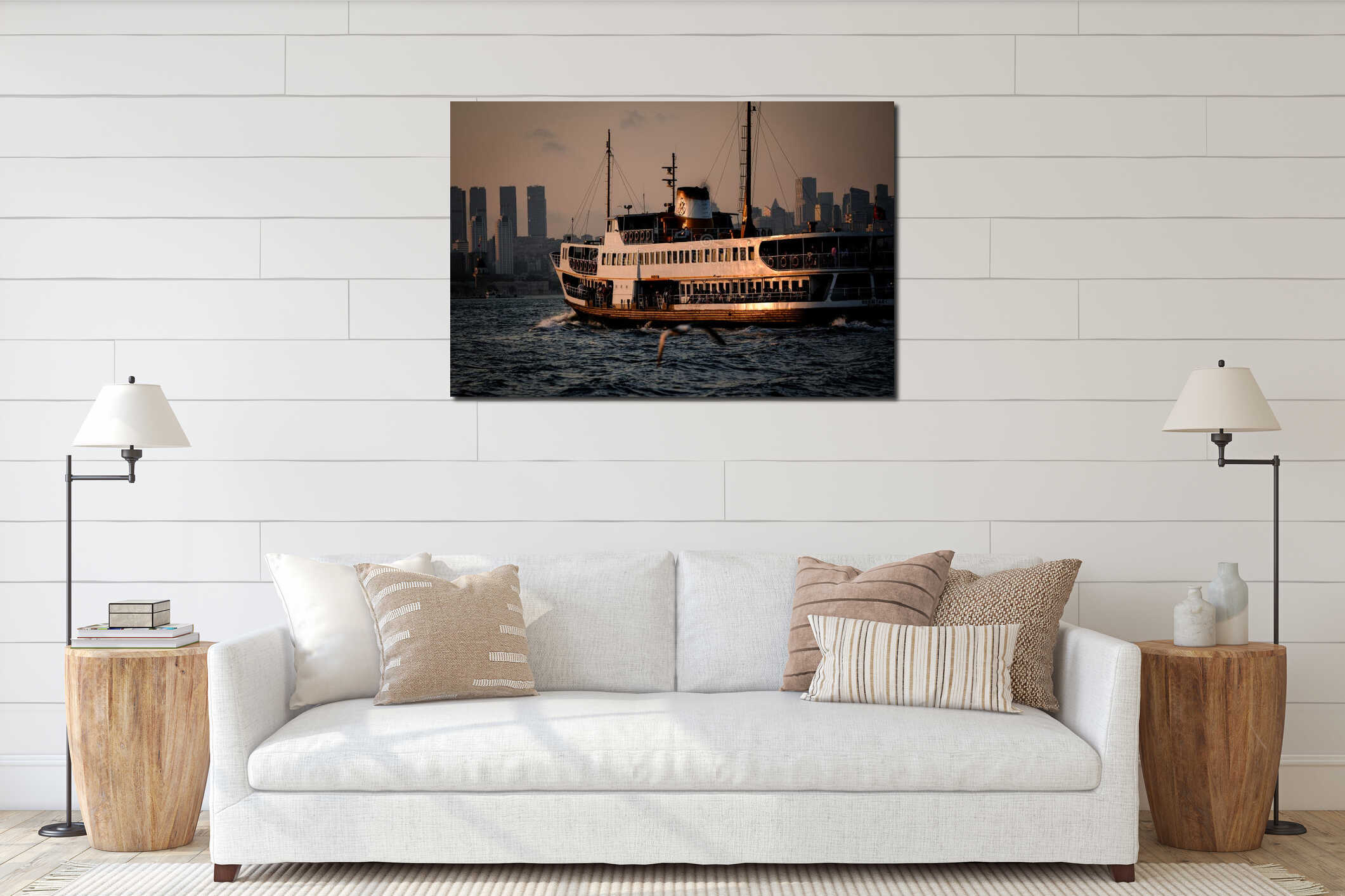 A classic ferry sails on the Bosphorus during sunset, reflecting golden hues interior mockup