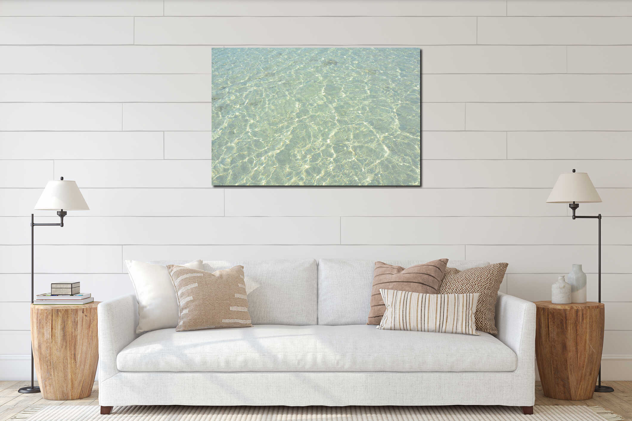 Blue crystal clear water sea interior mockup