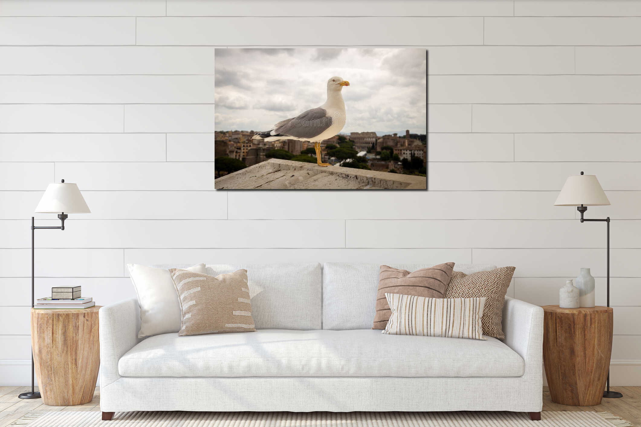 Seagull perched on a rooftop in Rome. Marine animal interior mockup