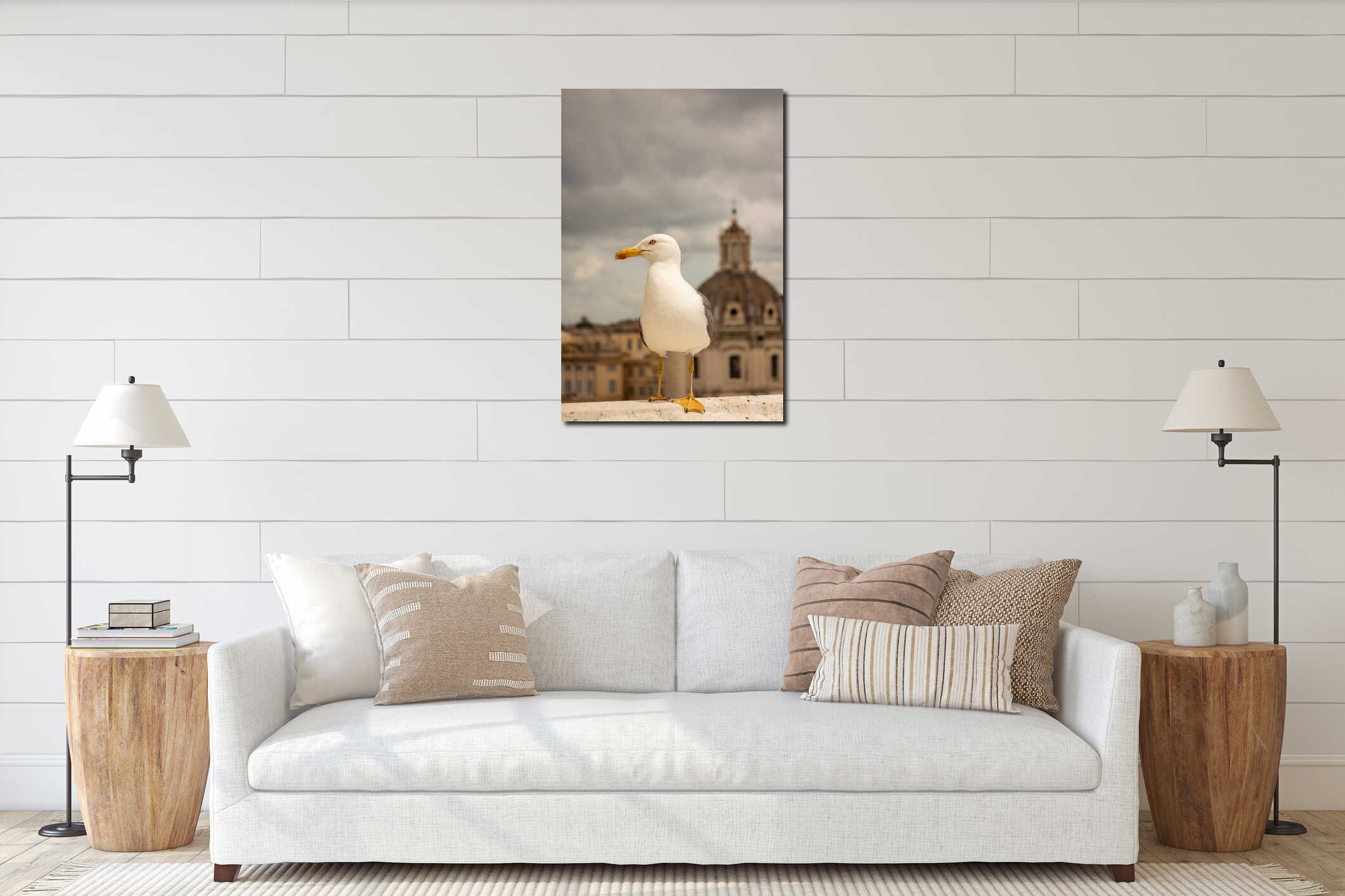Seagull perched on a rooftop in Rome. Marine animal interior mockup