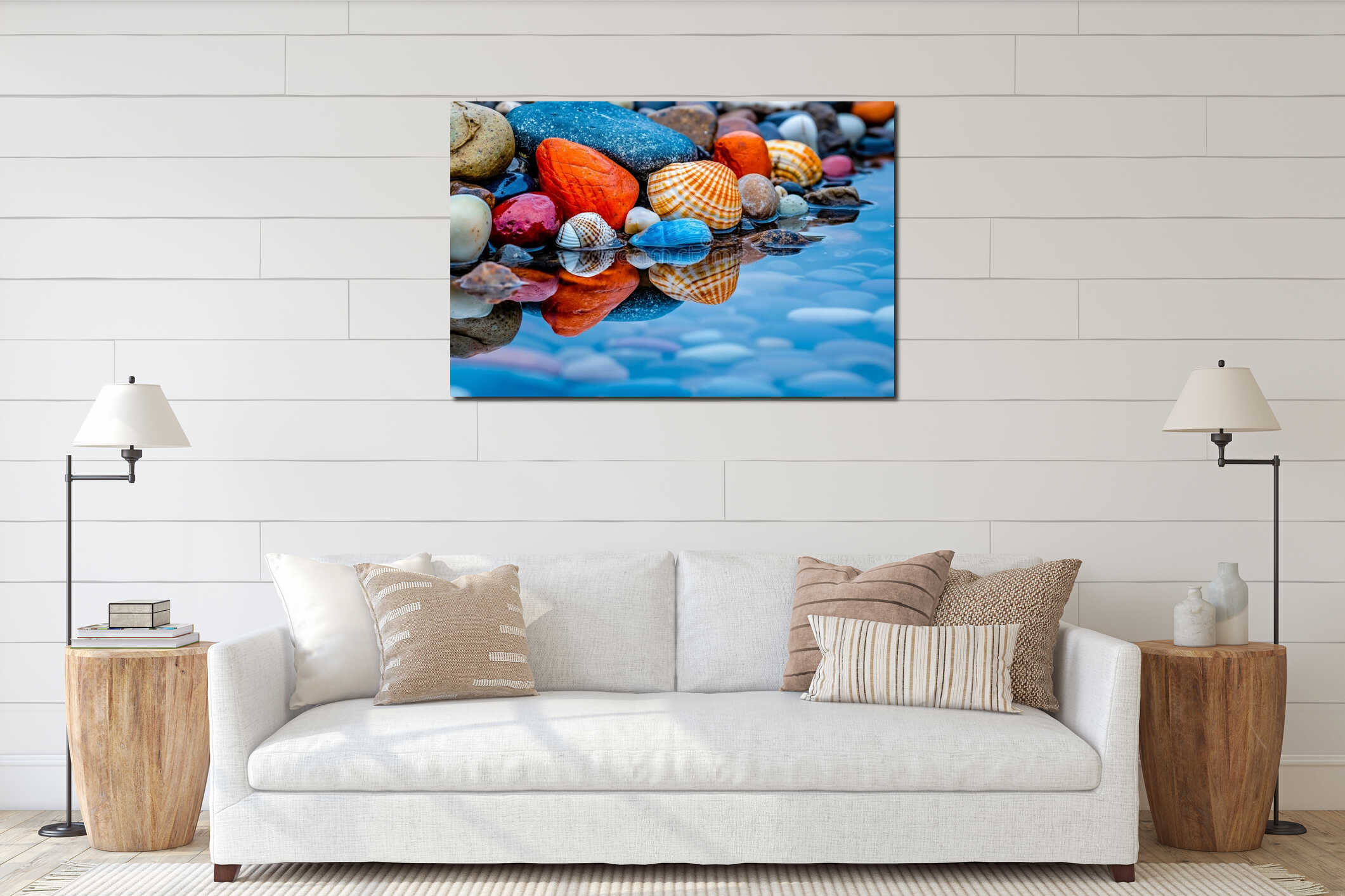 A group of colorful shells sitting on top of a pile of rocks interior mockup