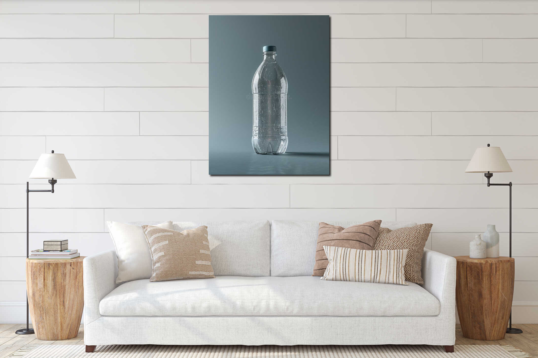 A still life image of a bottle of water sitting on a table interior mockup