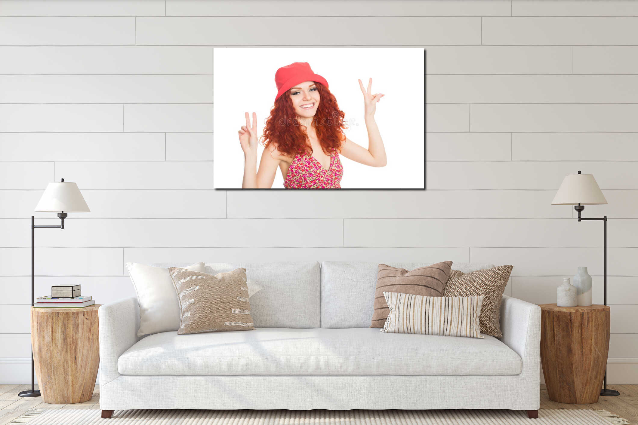 Cheerful girl with red hair wearing a hat interior mockup