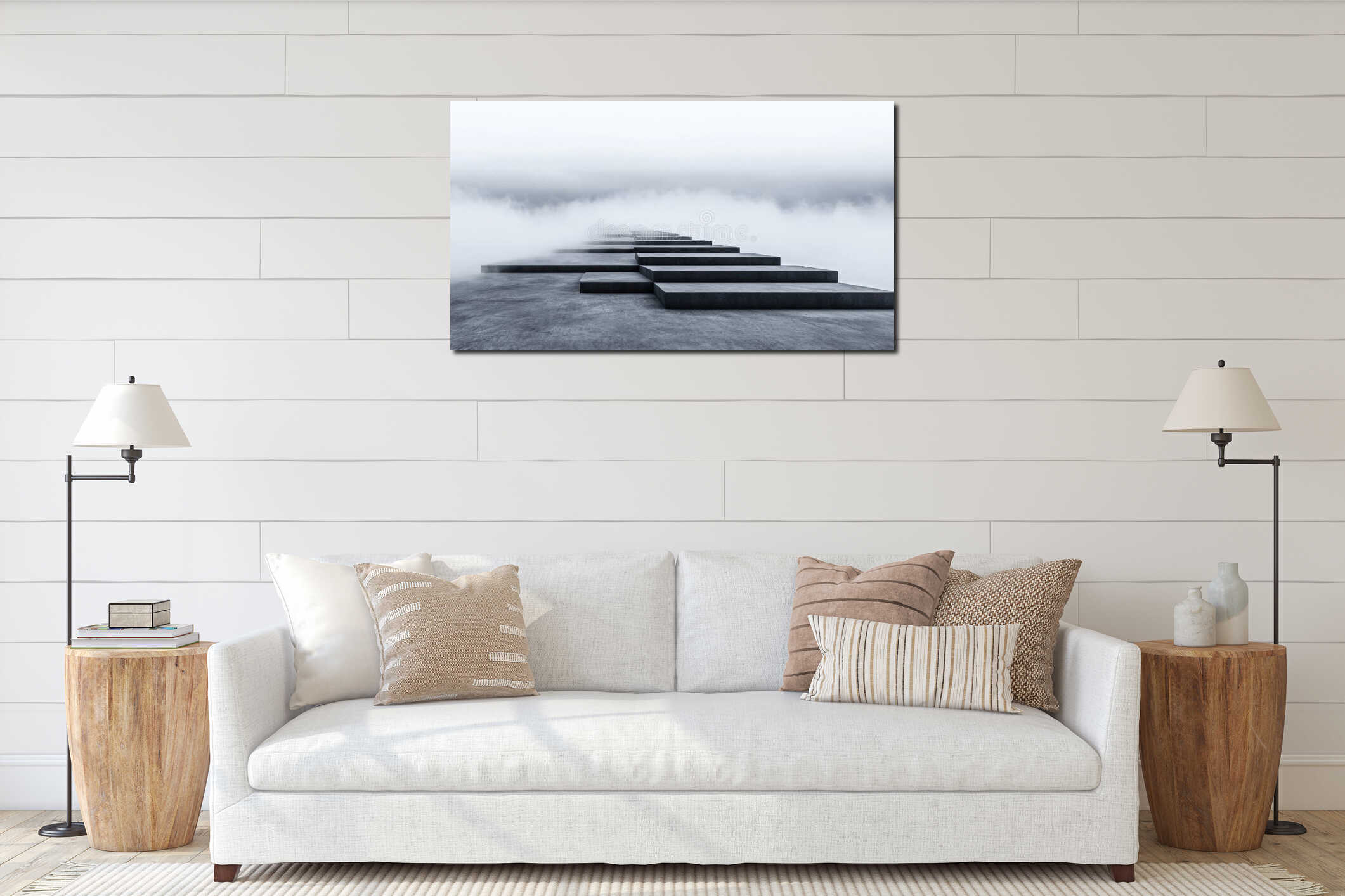 A concrete staircase leading to a foggy horizon. interior mockup