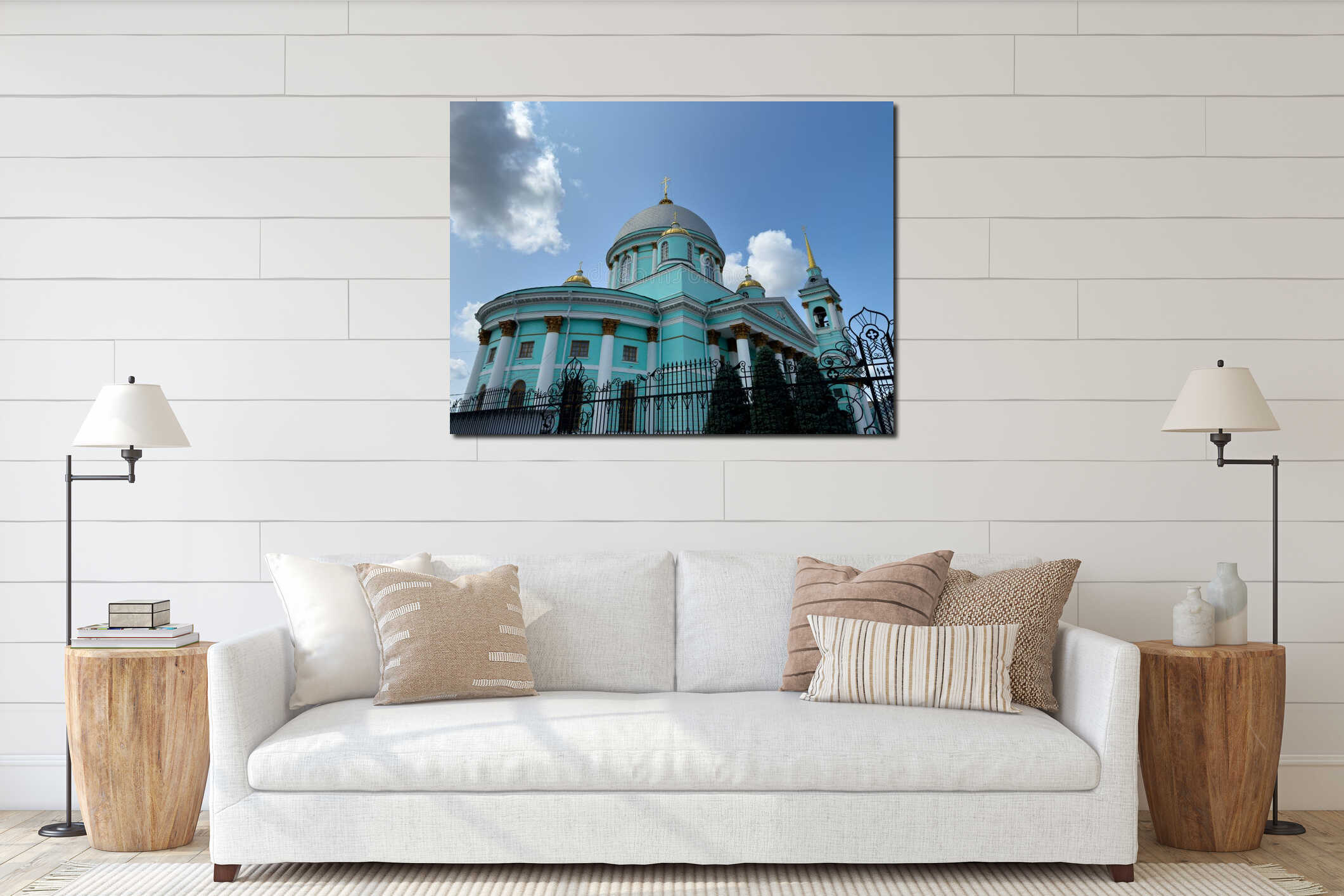 Kursk, Russia, June 10, 2025: The Znamensky Cathedral with its turquoise walls, golden domes and classical columns stands behind interior mockup