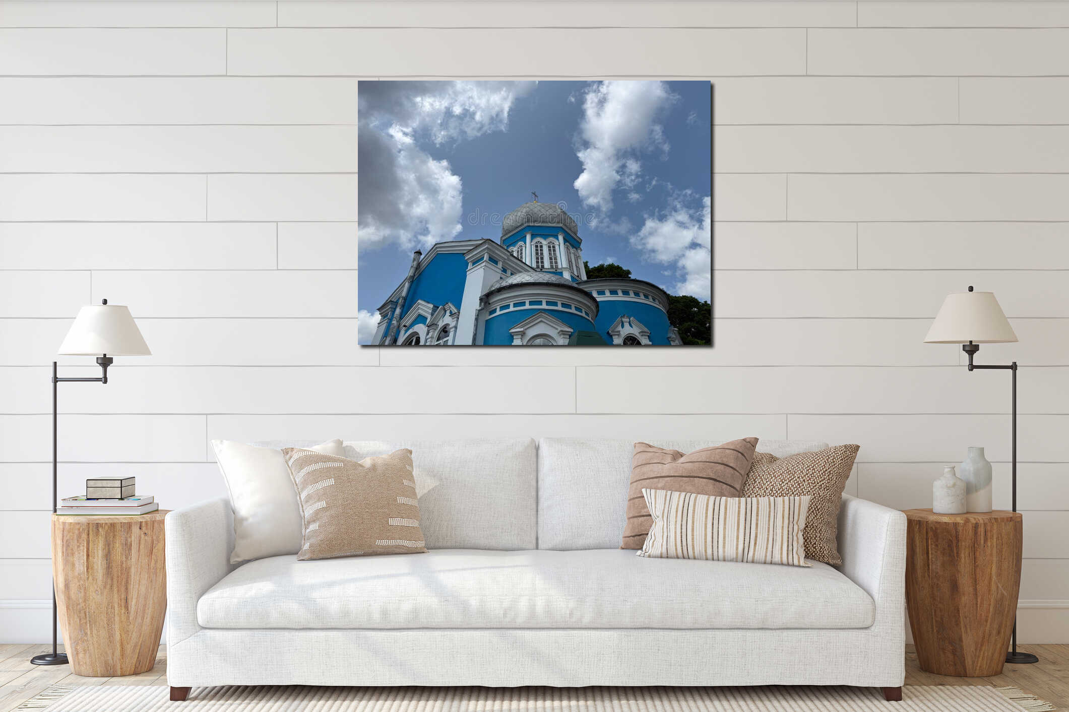 Kursk, Russia, June 10, 2025: Uspensko Nikitskaya Church in Kursk with bright blue facade, white architectural details and onion interior mockup