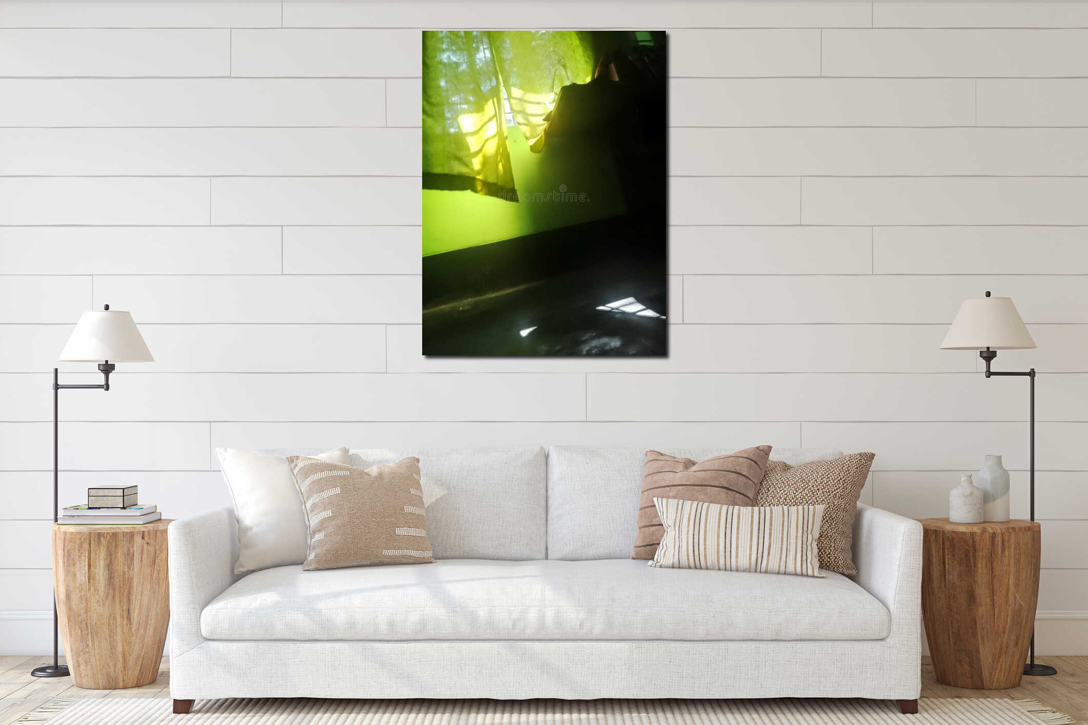 Bright sunlight streaming through colorful fabric curtains near window creating beautiful golden light rays interior mockup